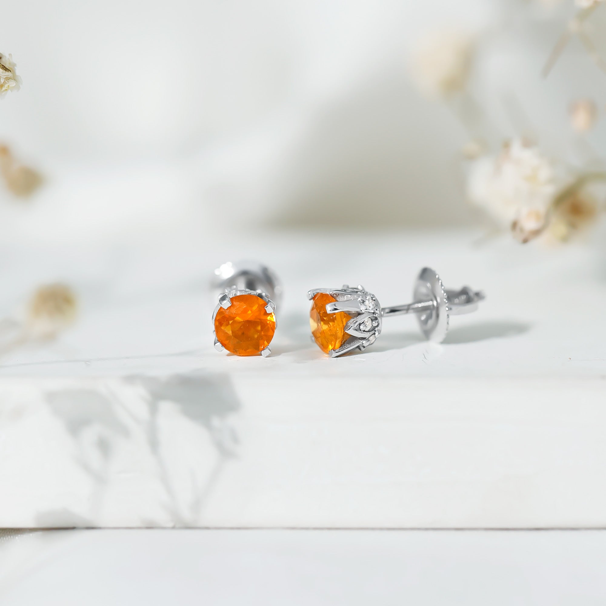 Solitaire Fire Opal Stud Earrings with Diamond Accent AAA - Rosec Jewels