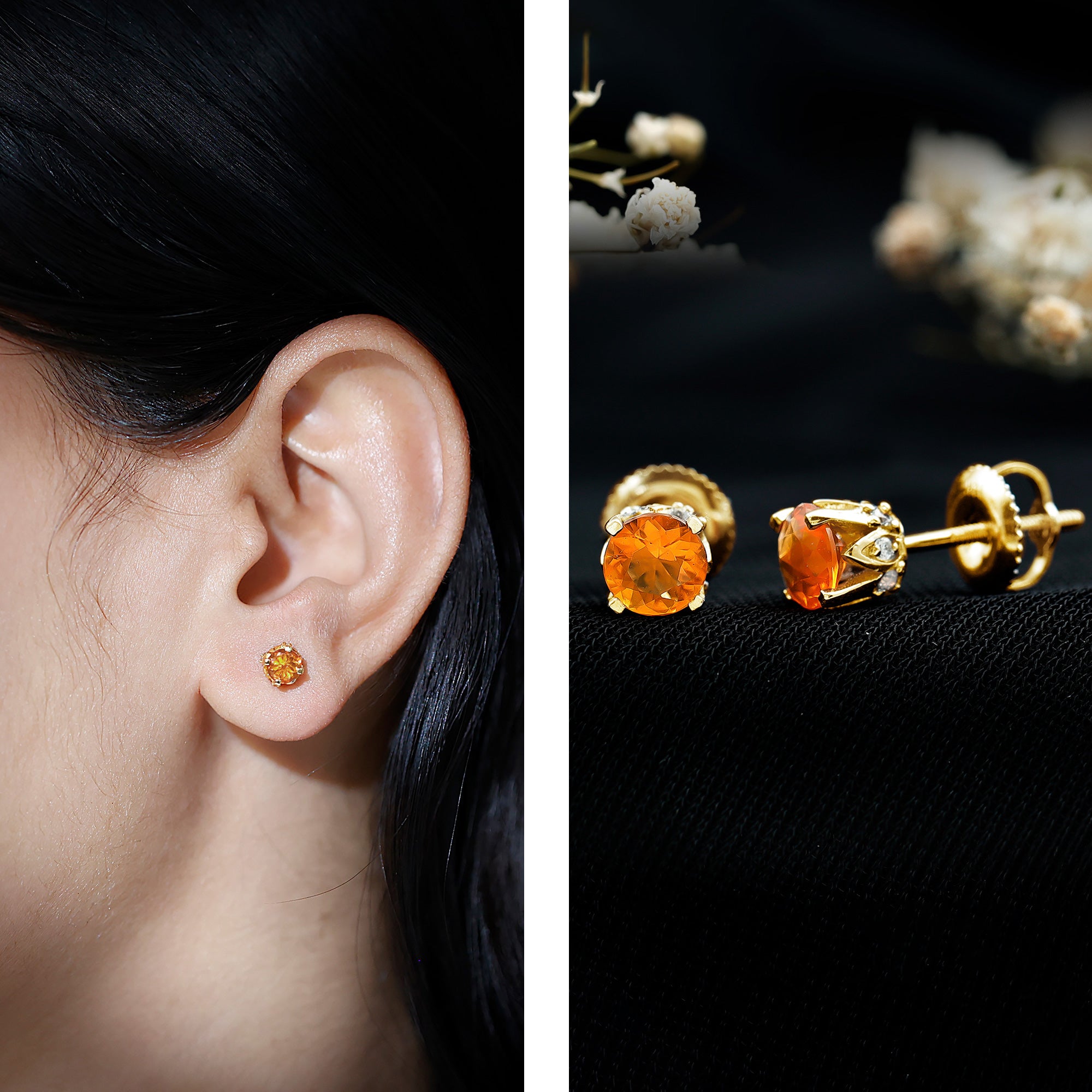 Solitaire Fire Opal Stud Earrings with Diamond Accent AAA - Rosec Jewels