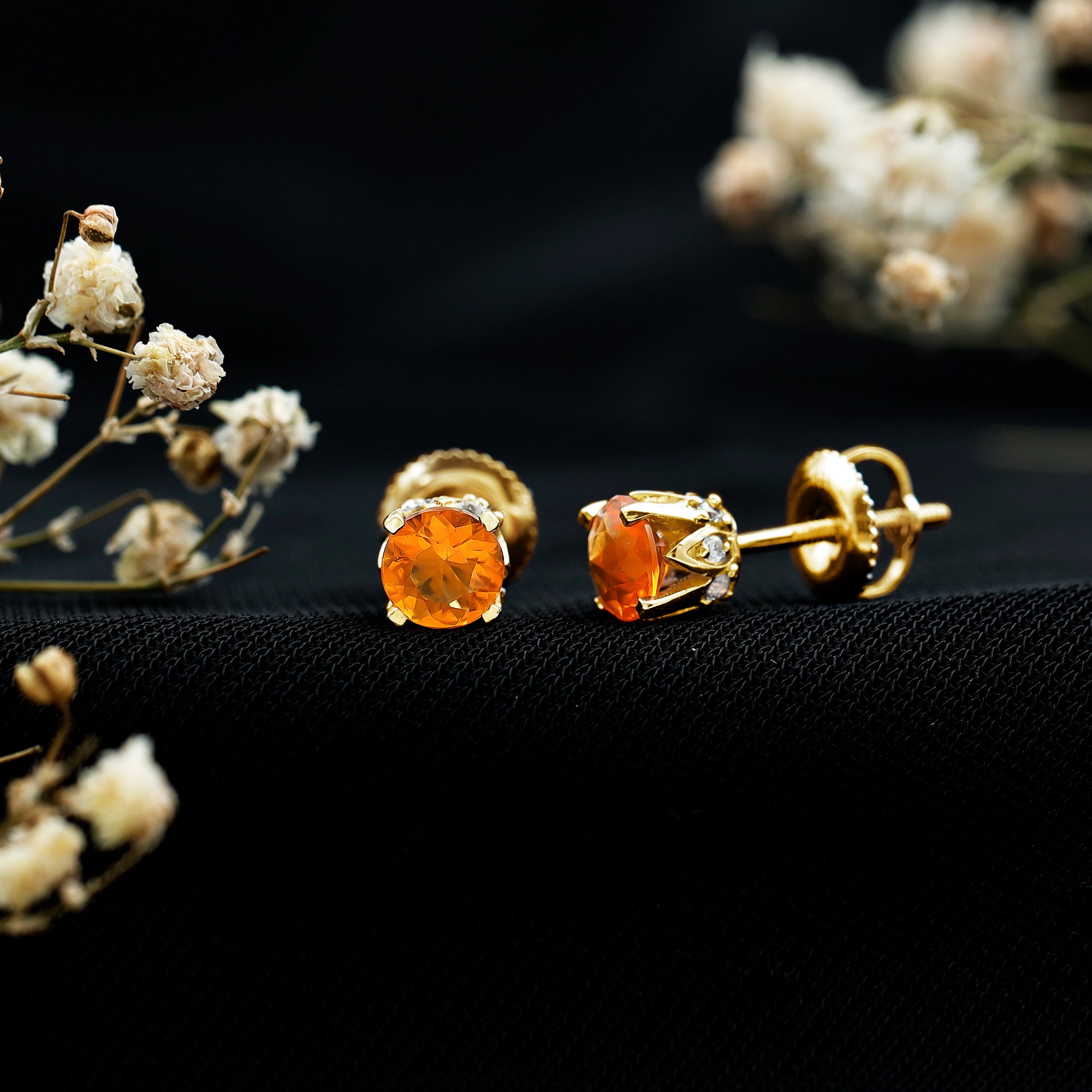 Solitaire Fire Opal Stud Earrings with Diamond Accent AAA - Rosec Jewels