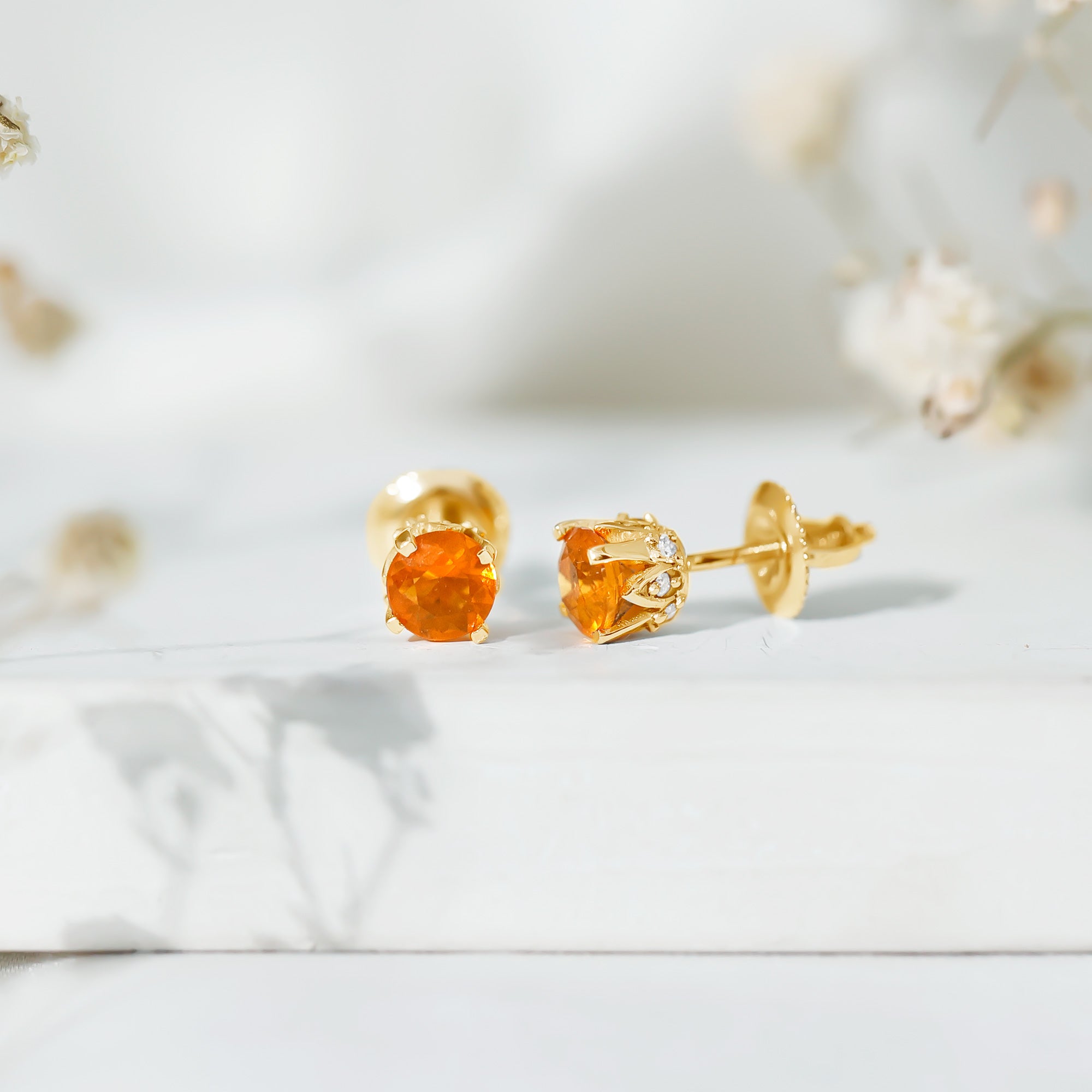 Solitaire Fire Opal Stud Earrings with Diamond Accent AAA - Rosec Jewels