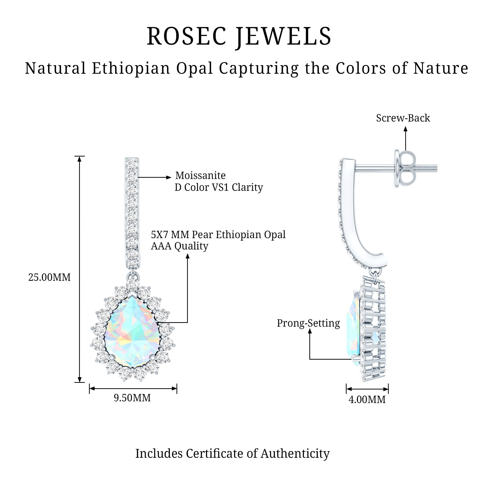 Natural Ethiopian Opal Teardrop Bridal Earrings with Moissanite Accent AAA - Rosec Jewels