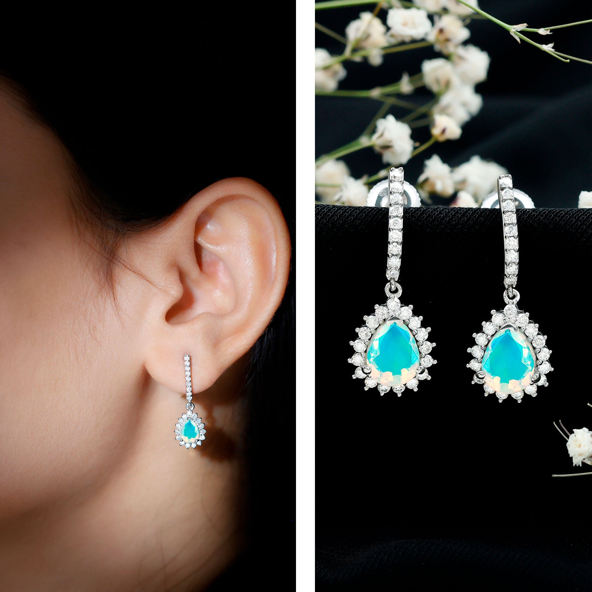 Natural Ethiopian Opal Teardrop Bridal Earrings with Moissanite Accent AAA - Rosec Jewels