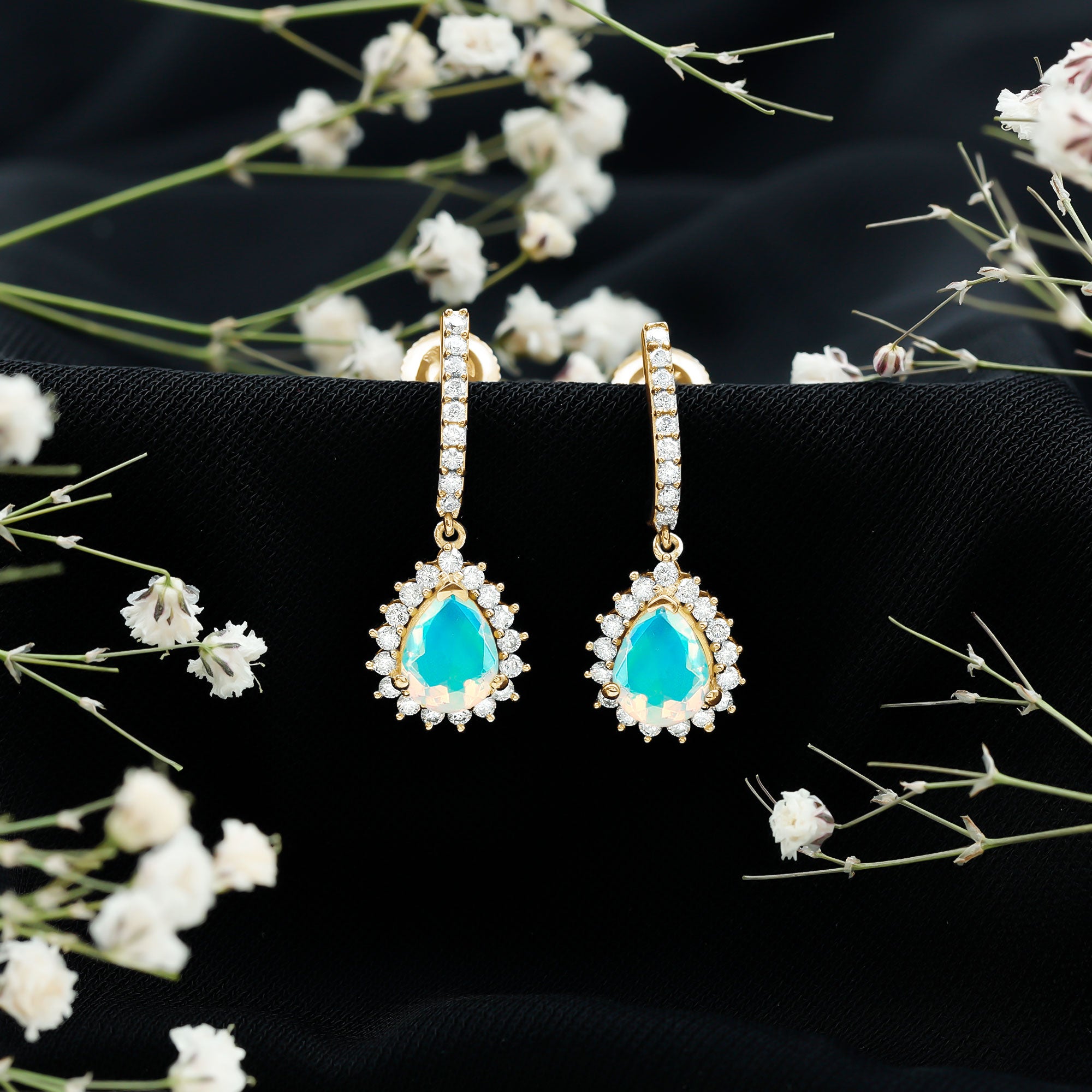 Natural Ethiopian Opal Teardrop Bridal Earrings with Moissanite Accent AAA - Rosec Jewels