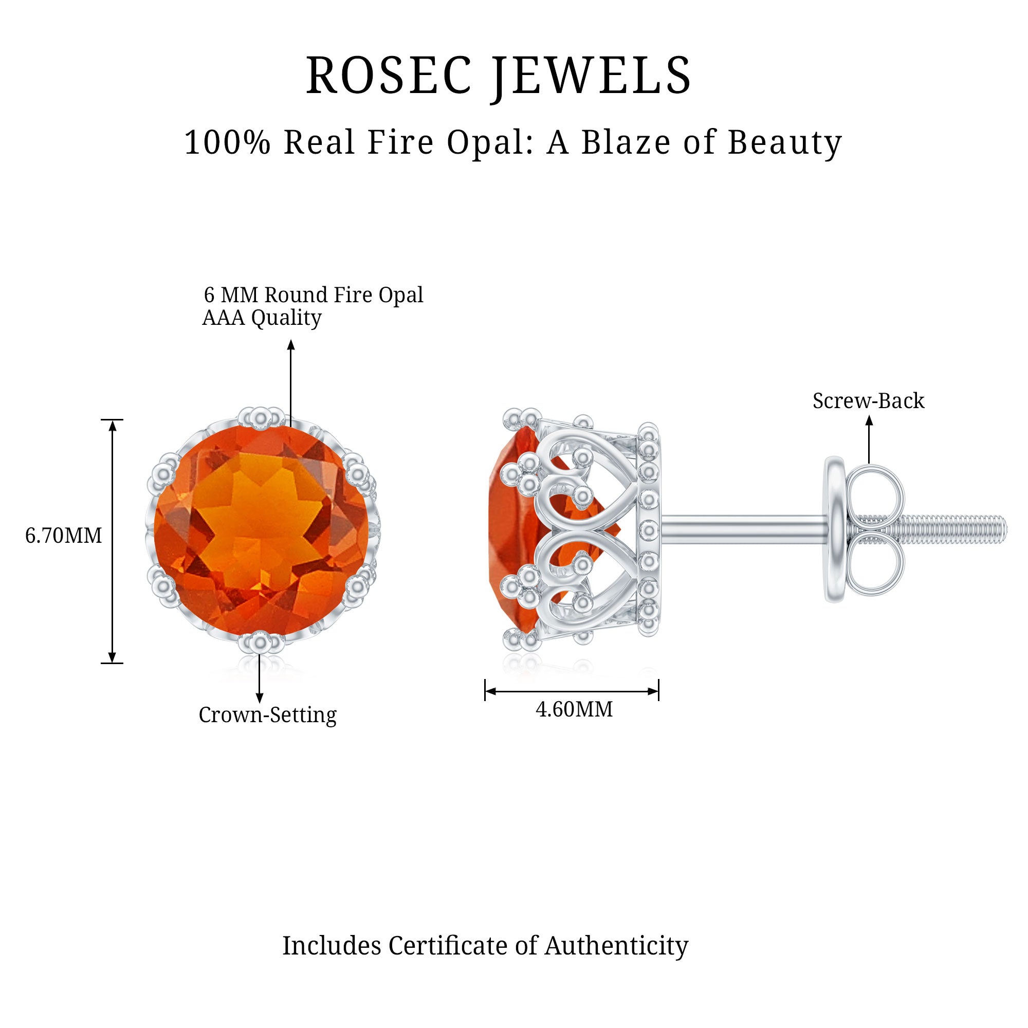 1.5 Carat Fire Opal Solitaire Crown Stud Earrings AAA - Rosec Jewels