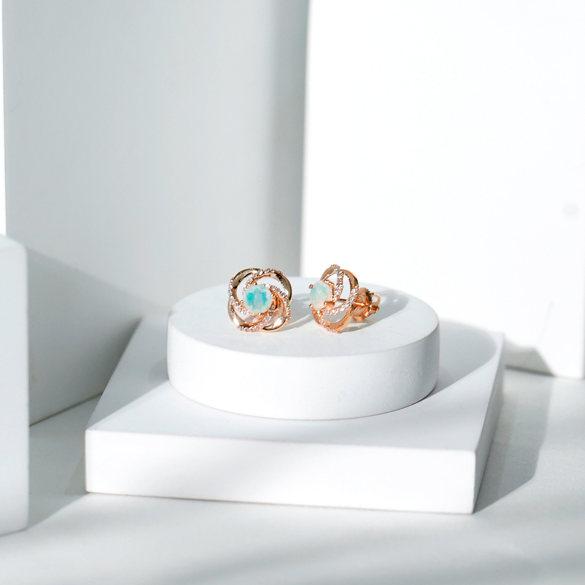 Genuine Ethiopian Opal and Diamond Swirl Stud Earrings AAA - Rosec Jewels