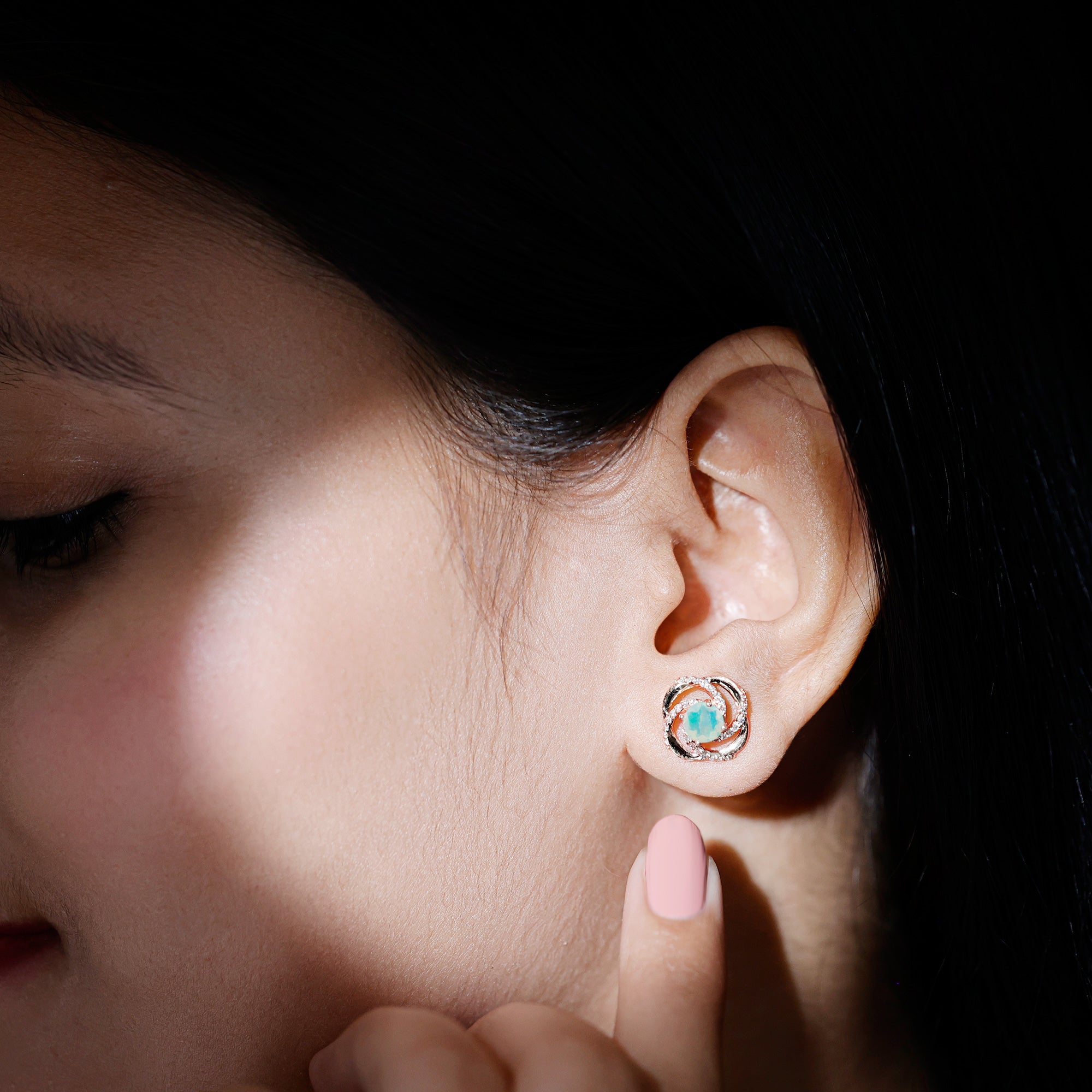 Genuine Ethiopian Opal and Diamond Swirl Stud Earrings AAA - Rosec Jewels