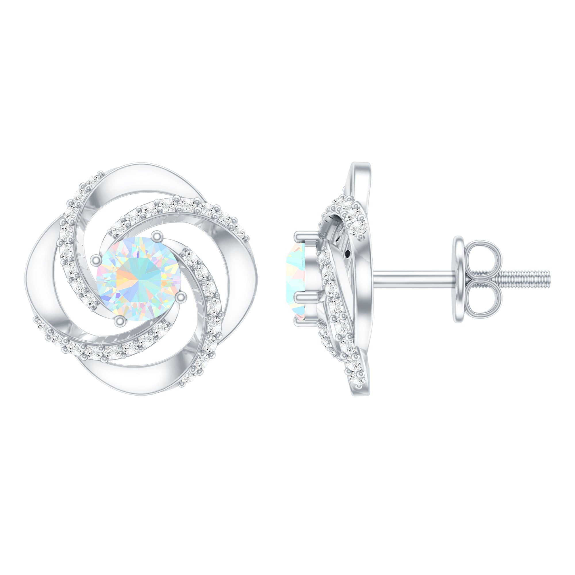 Genuine Ethiopian Opal and Diamond Swirl Stud Earrings AAA - Rosec Jewels