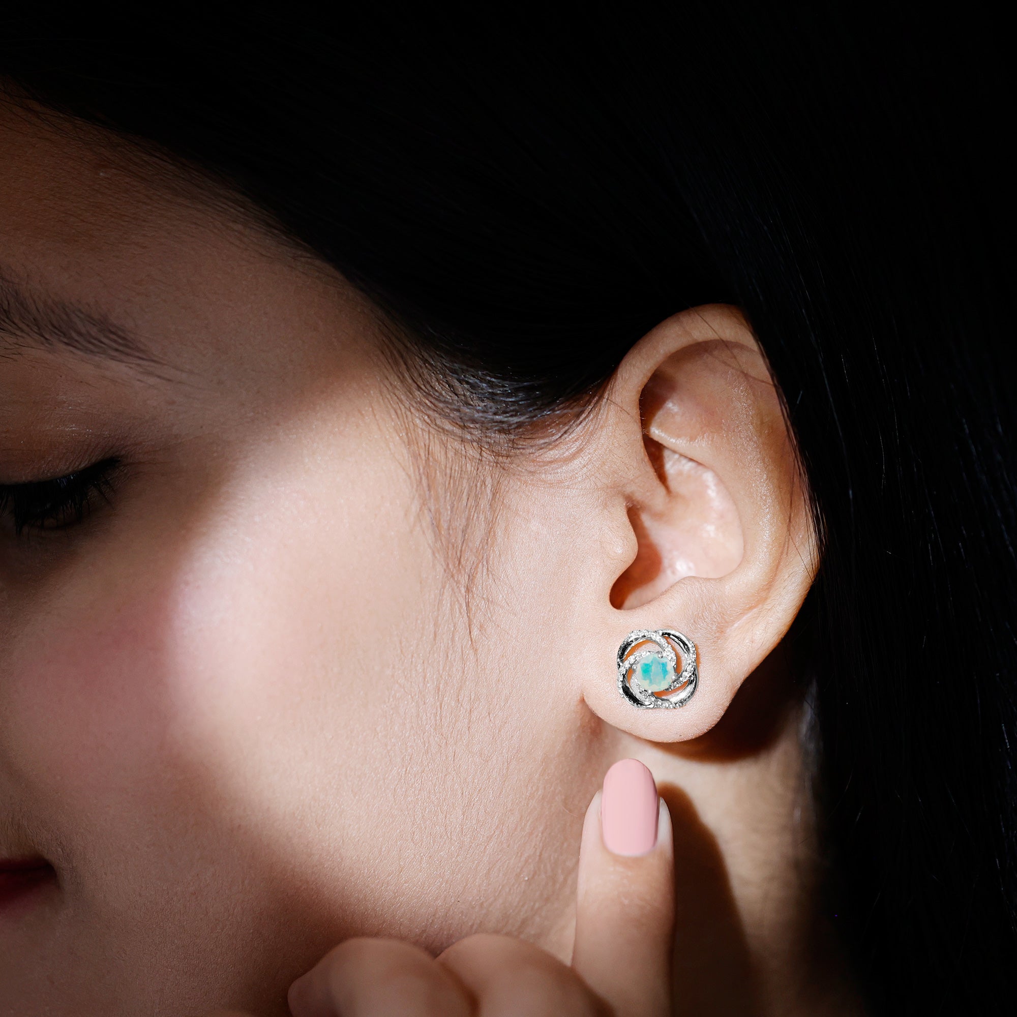 Genuine Ethiopian Opal and Diamond Swirl Stud Earrings AAA - Rosec Jewels