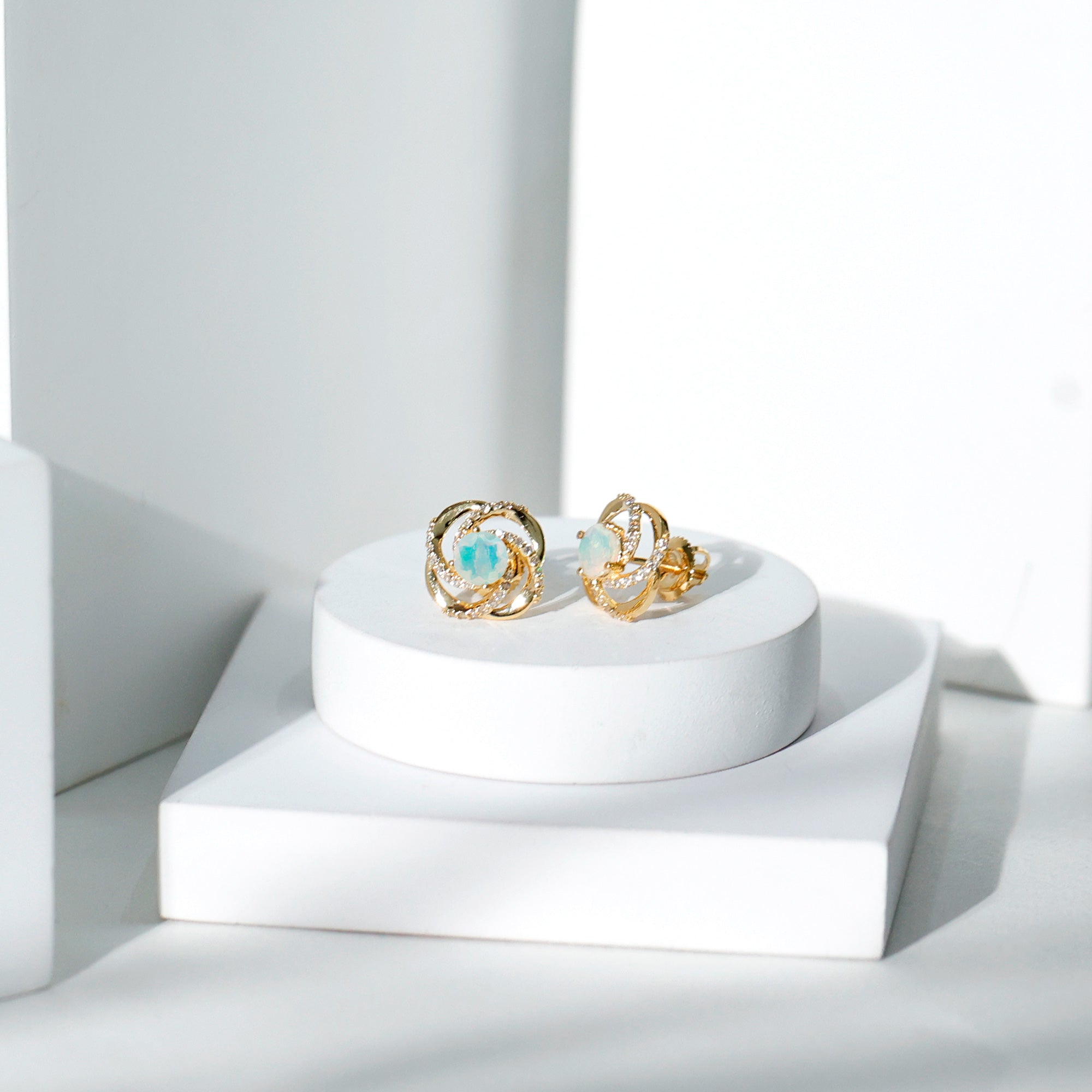 Genuine Ethiopian Opal and Diamond Swirl Stud Earrings AAA - Rosec Jewels