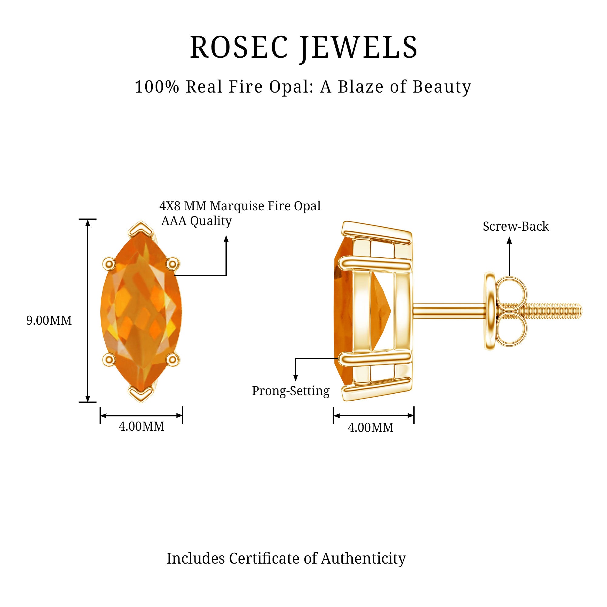 Natural Marquise Fire Opal Stud Earrings with Screw Back AAA - Rosec Jewels