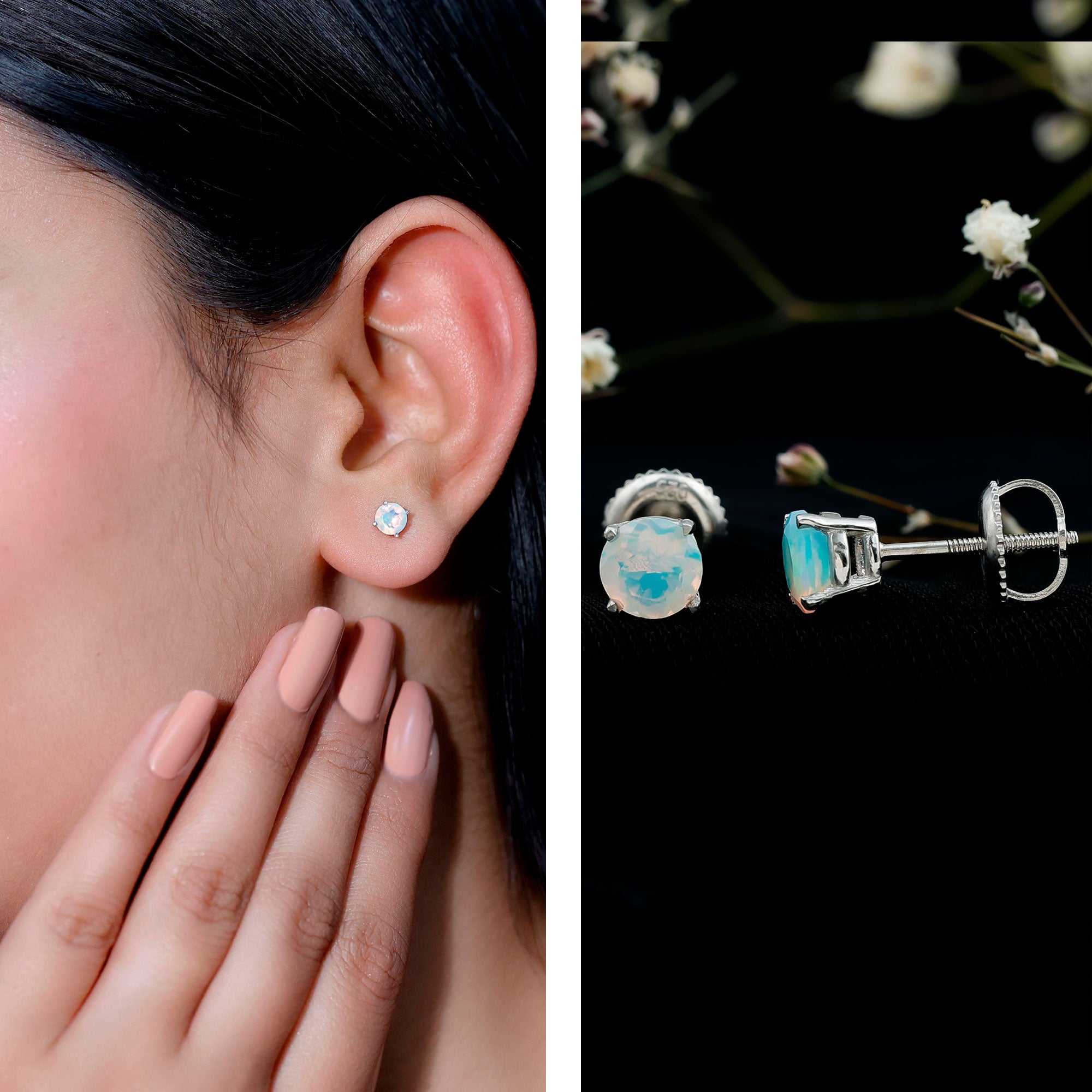 Real Ethiopian Opal Solitaire Stud Earrings AAA - Rosec Jewels