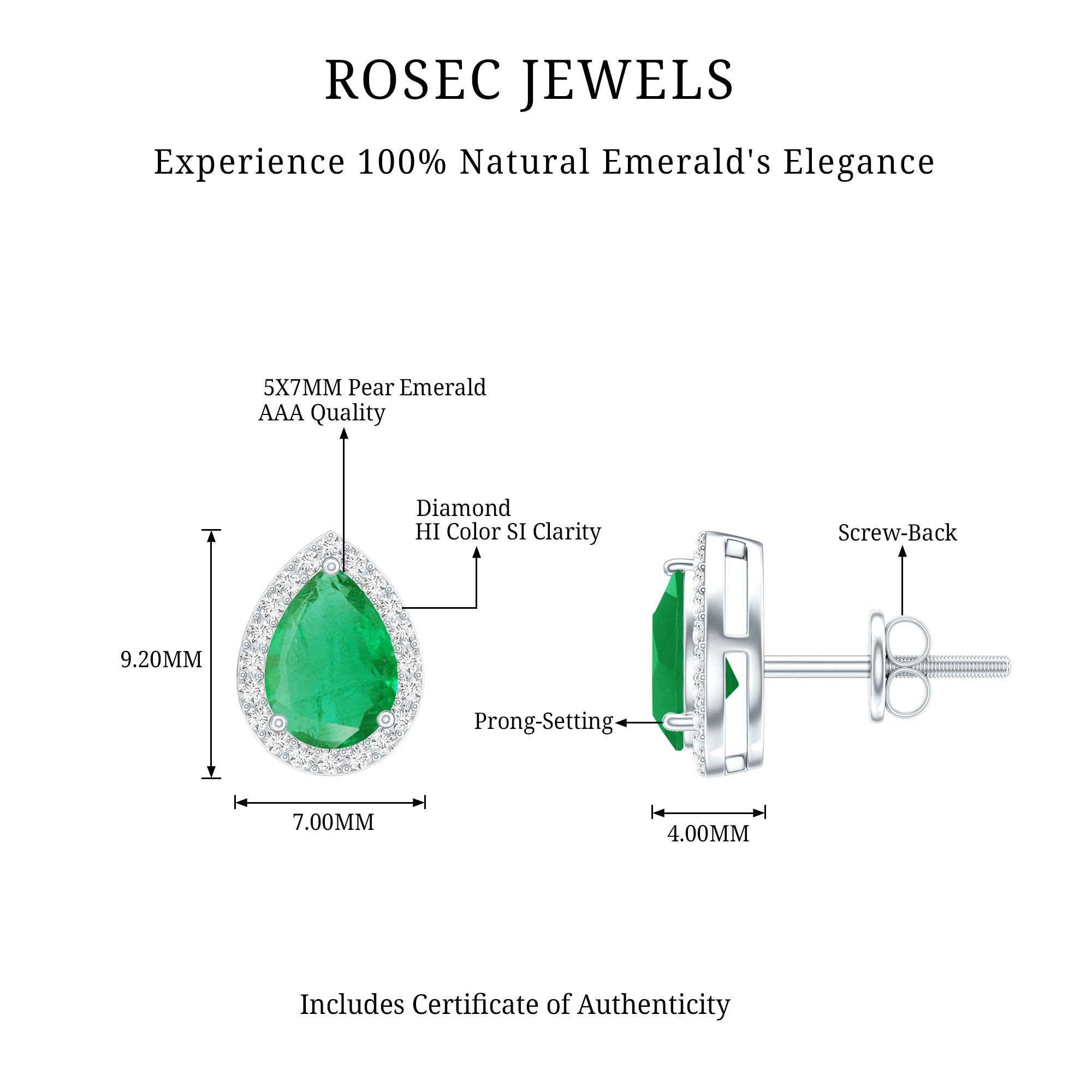 Natural 5X7mm Pear Shape Emerald Stud Earrings with Diamond Halo AAA - Rosec Jewels