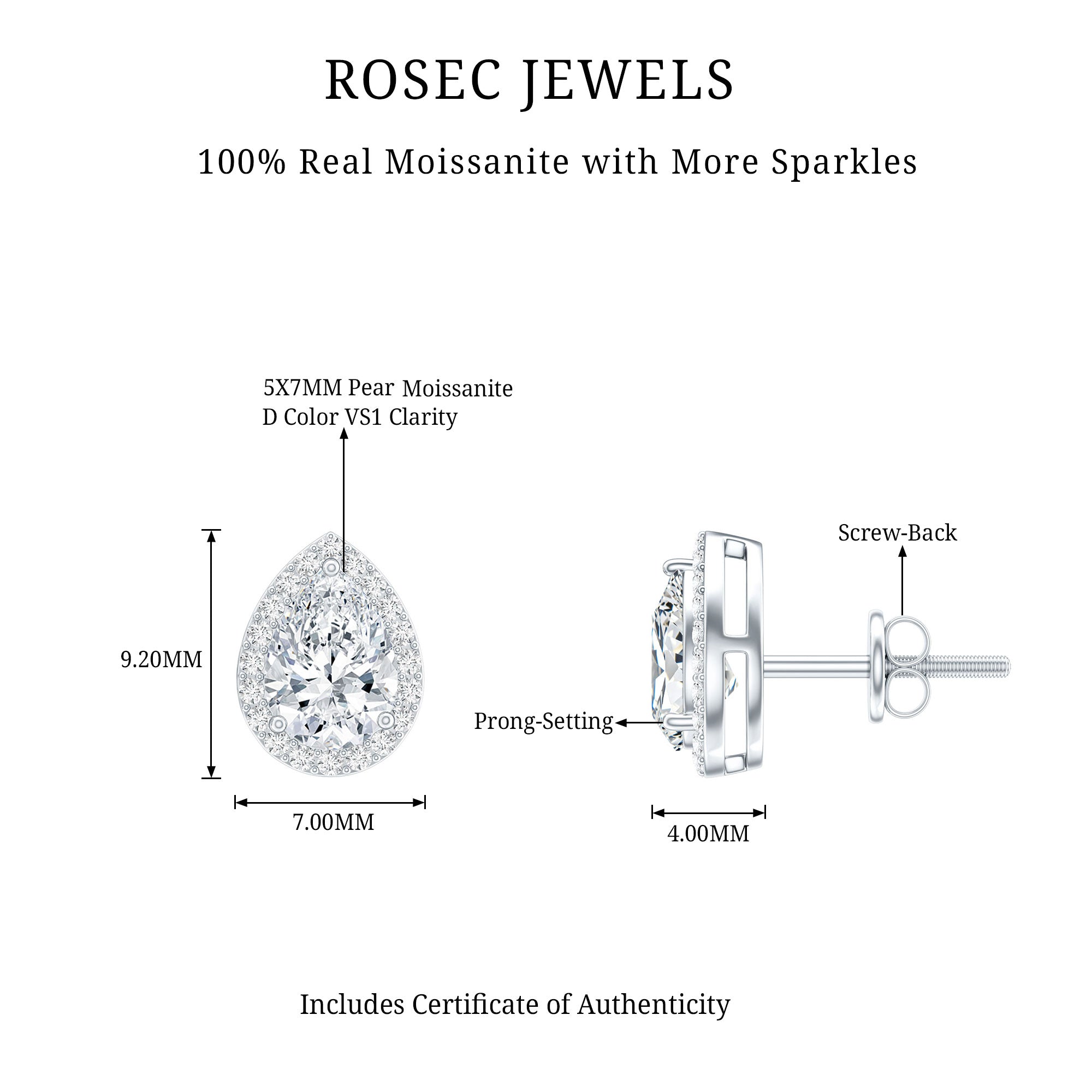 1.75 CT Classic Moissanite Teardrop Stud Earrings with Halo D-VS1 - Rosec Jewels