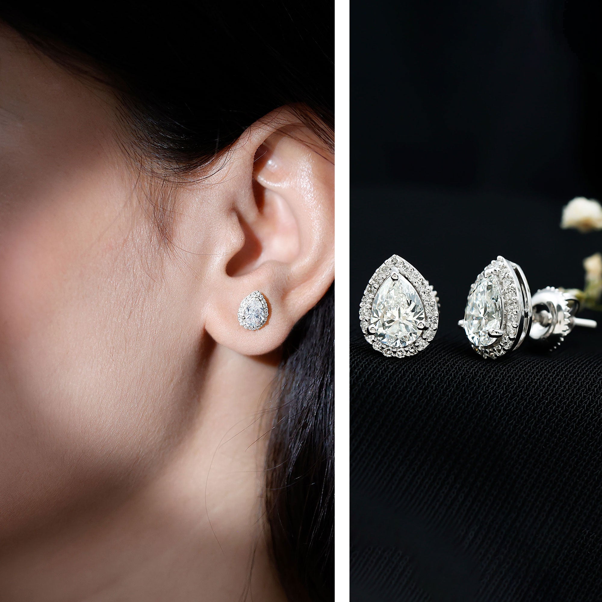 1.75 CT Classic Moissanite Teardrop Stud Earrings with Halo D-VS1 - Rosec Jewels