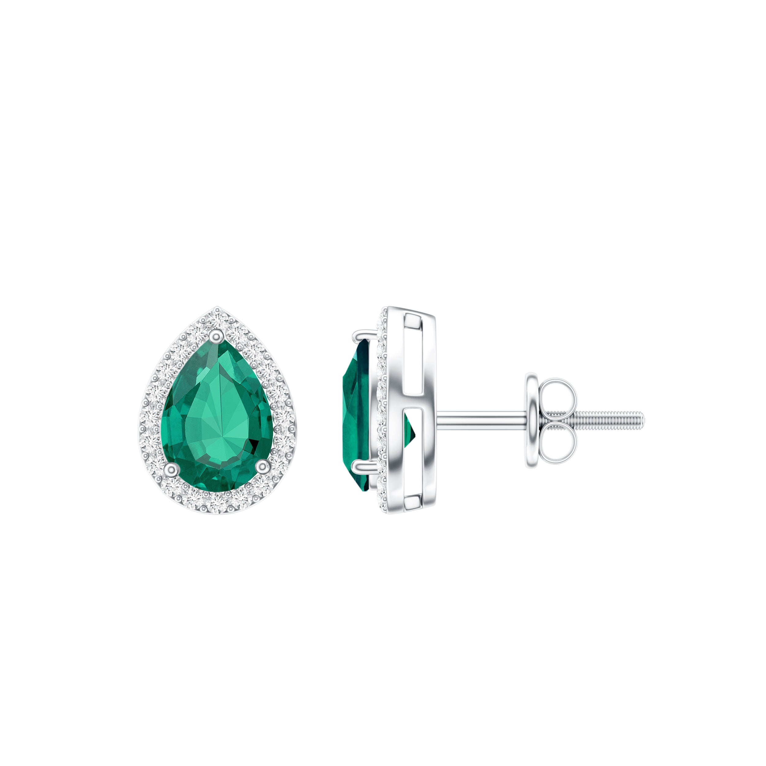Lab Created Emerald Teardrop Stud Earrings with Diamond Halo