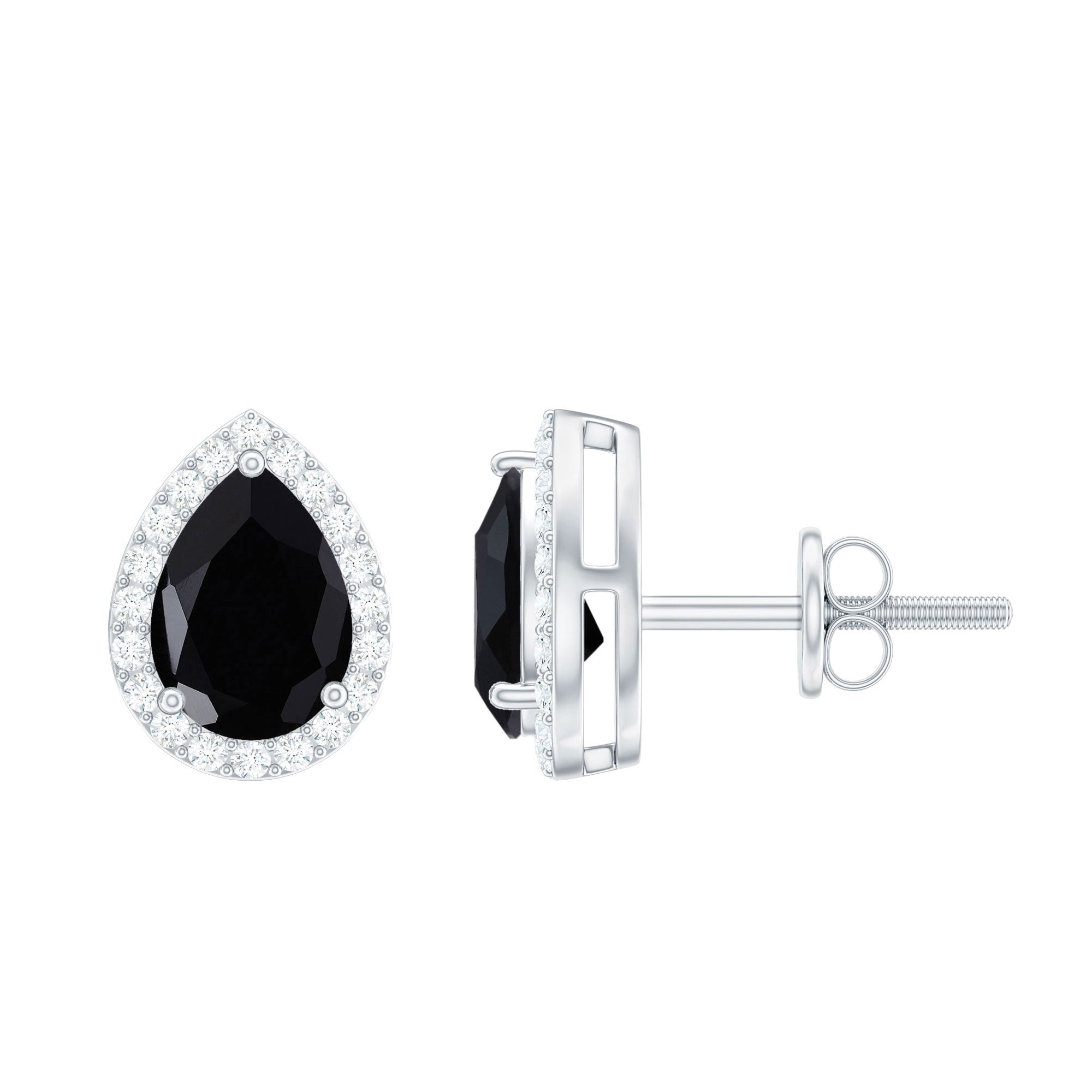 Natural 5X7 mm Pear Shape Black Spinel Earrings with Diamond Halo