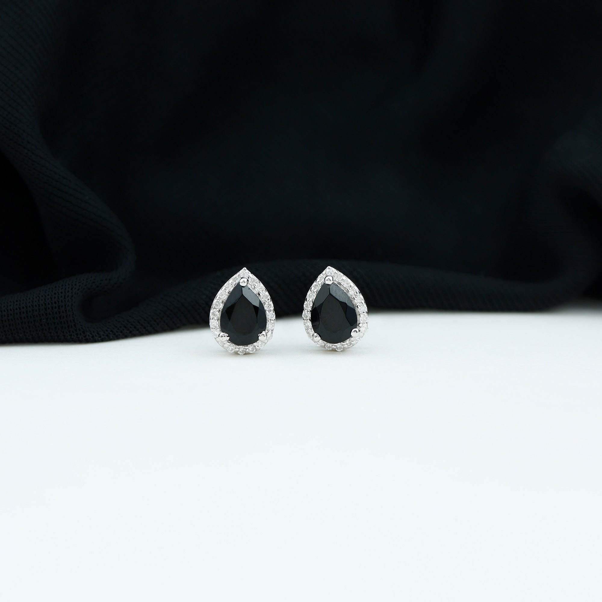 Natural 5X7 mm Pear Shape Black Spinel Earrings with Diamond Halo AAA - Rosec Jewels