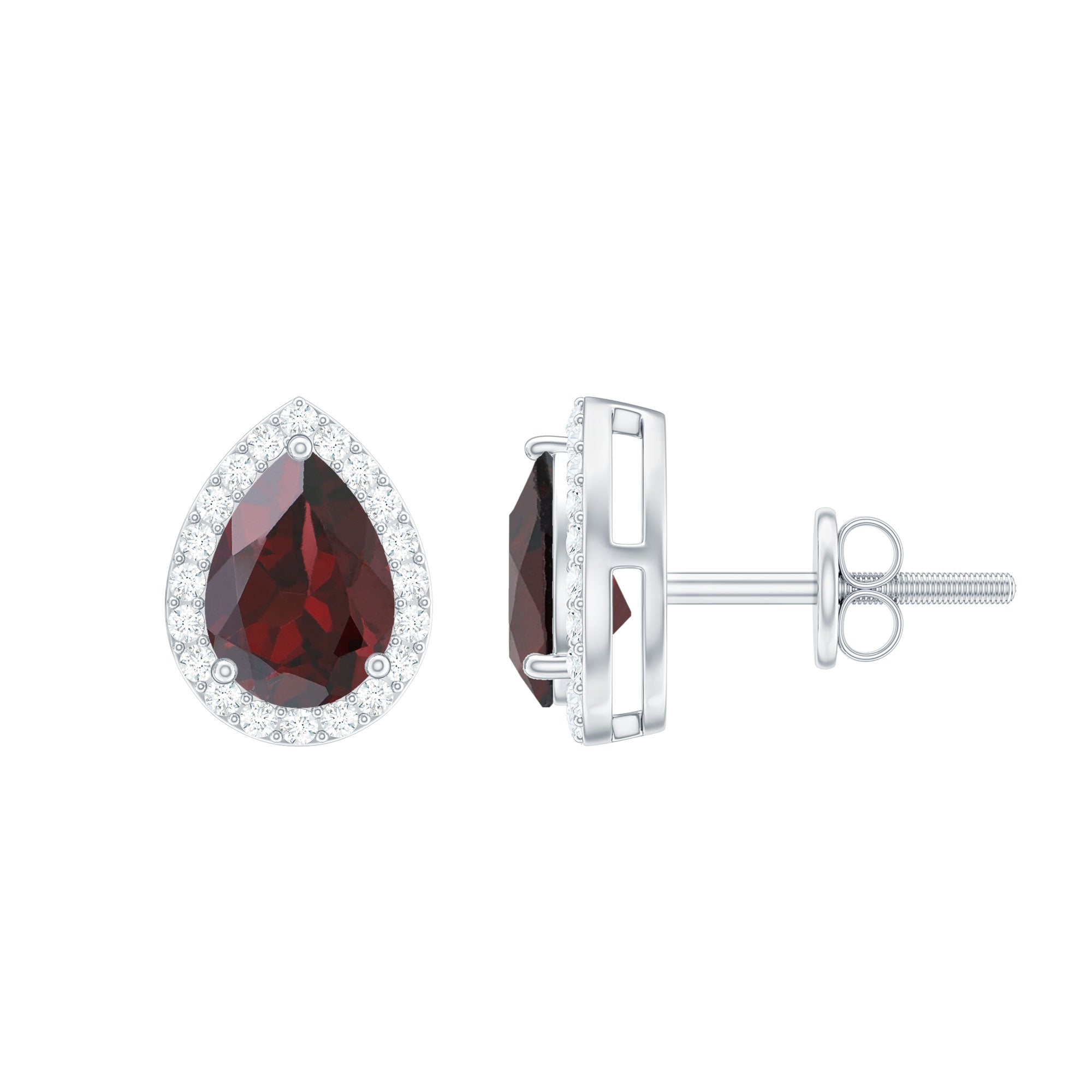 Natural 5X7MM Garnet Teardrop Stud Earrings with Diamond Halo