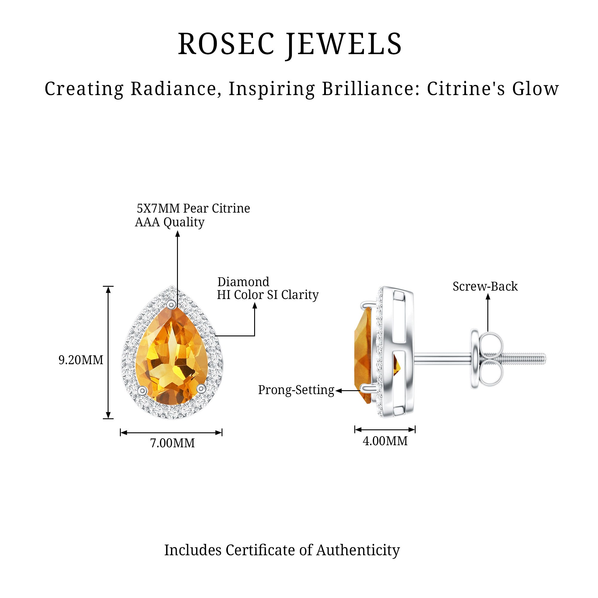 Certified Real Pear Shape Citrine Stud Earrings with Diamond Halo AAA - Rosec Jewels