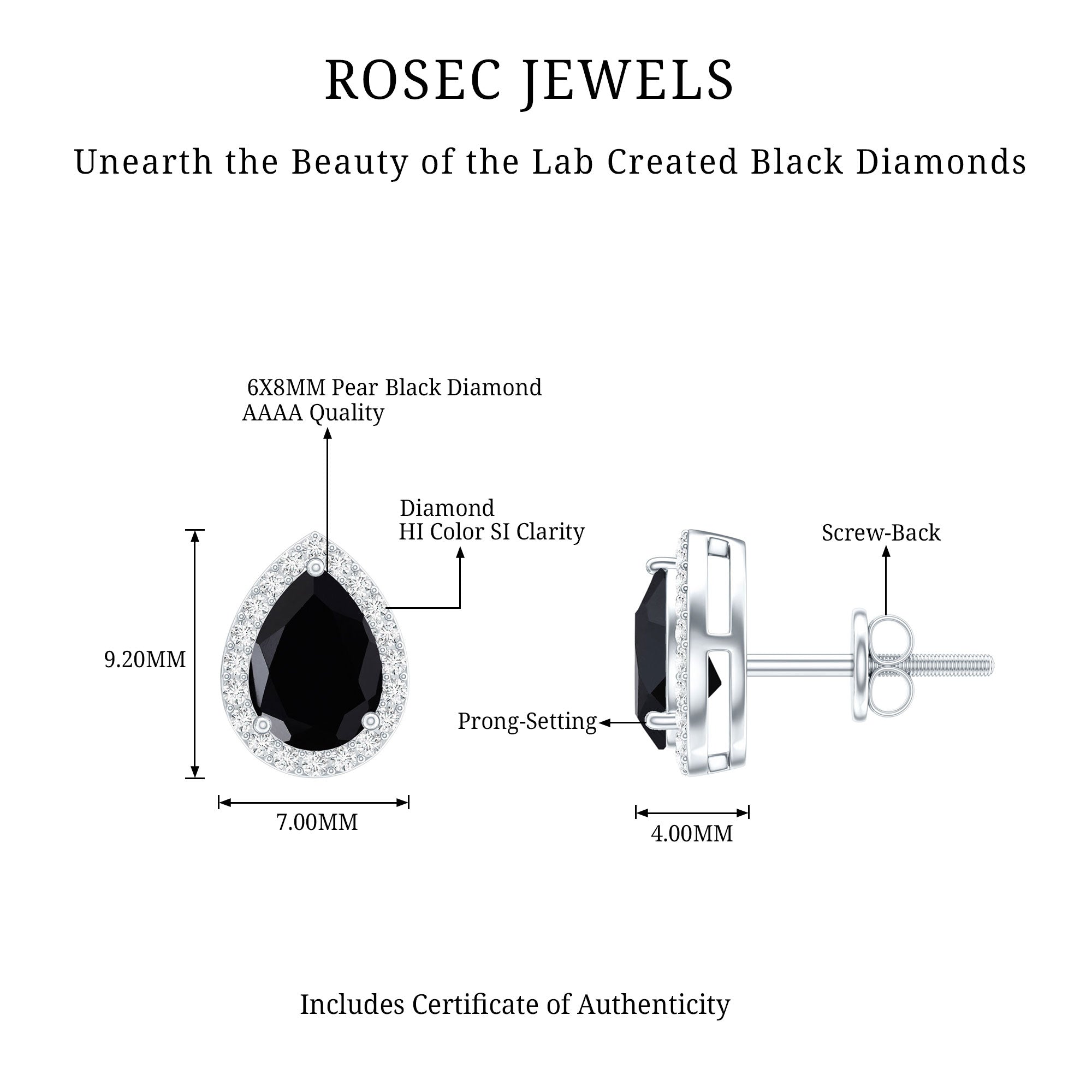 Lab Created Black Diamond Teardrop Stud Earrings with Diamond Halo AAAA ( Synthetic ) - Rosec Jewels