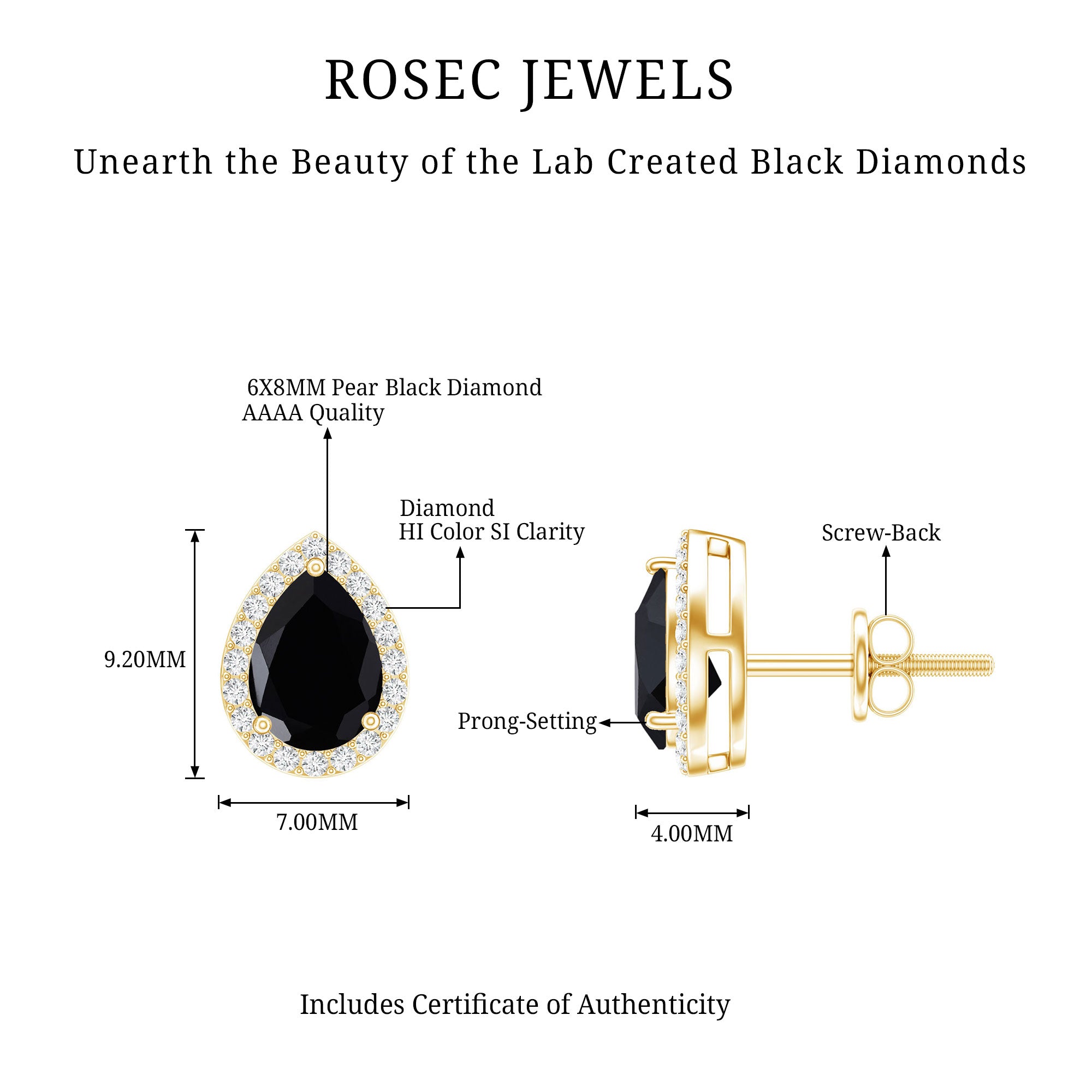 Lab Created Black Diamond Teardrop Stud Earrings with Diamond Halo AAAA ( Synthetic ) - Rosec Jewels