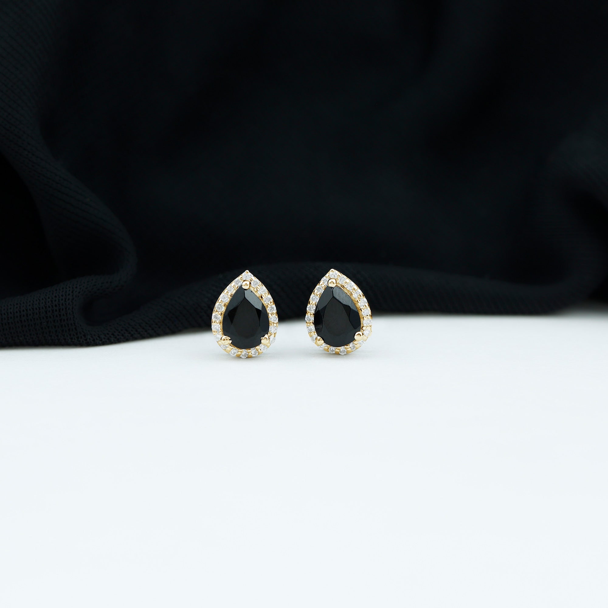 Lab Created Black Diamond Teardrop Stud Earrings with Diamond Halo AAAA ( Synthetic ) - Rosec Jewels