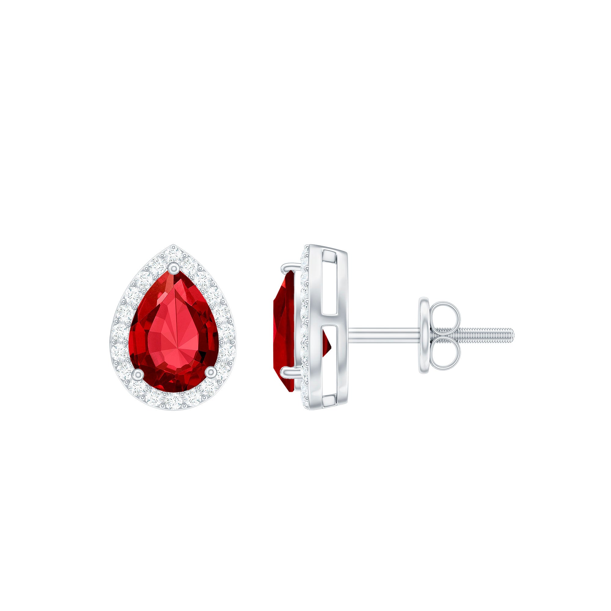 Lab Created Ruby Teardrop Stud Earrings with Diamond Halo