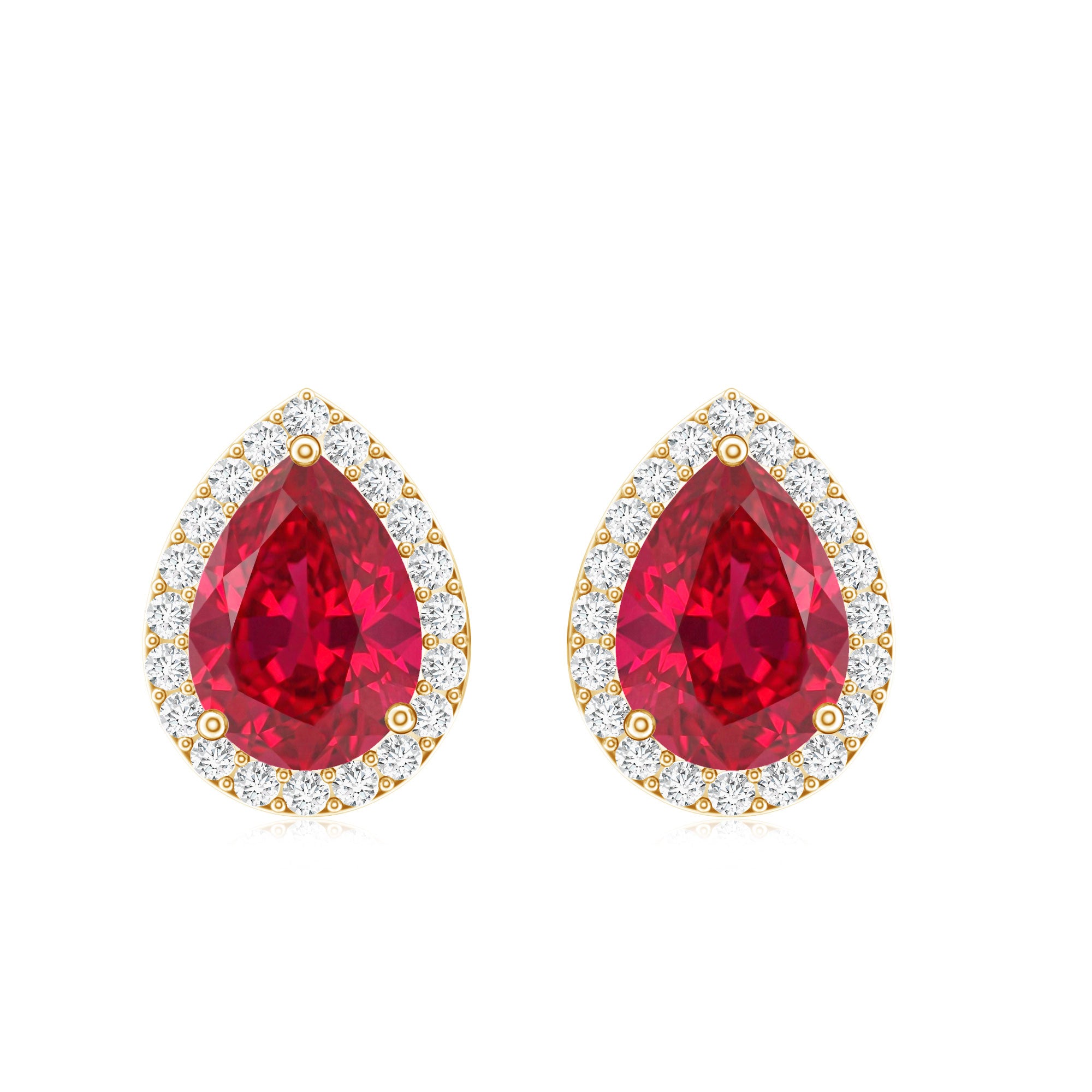 Lab Created Ruby Teardrop Stud Earrings with Diamond Halo AAAA - Rosec Jewels