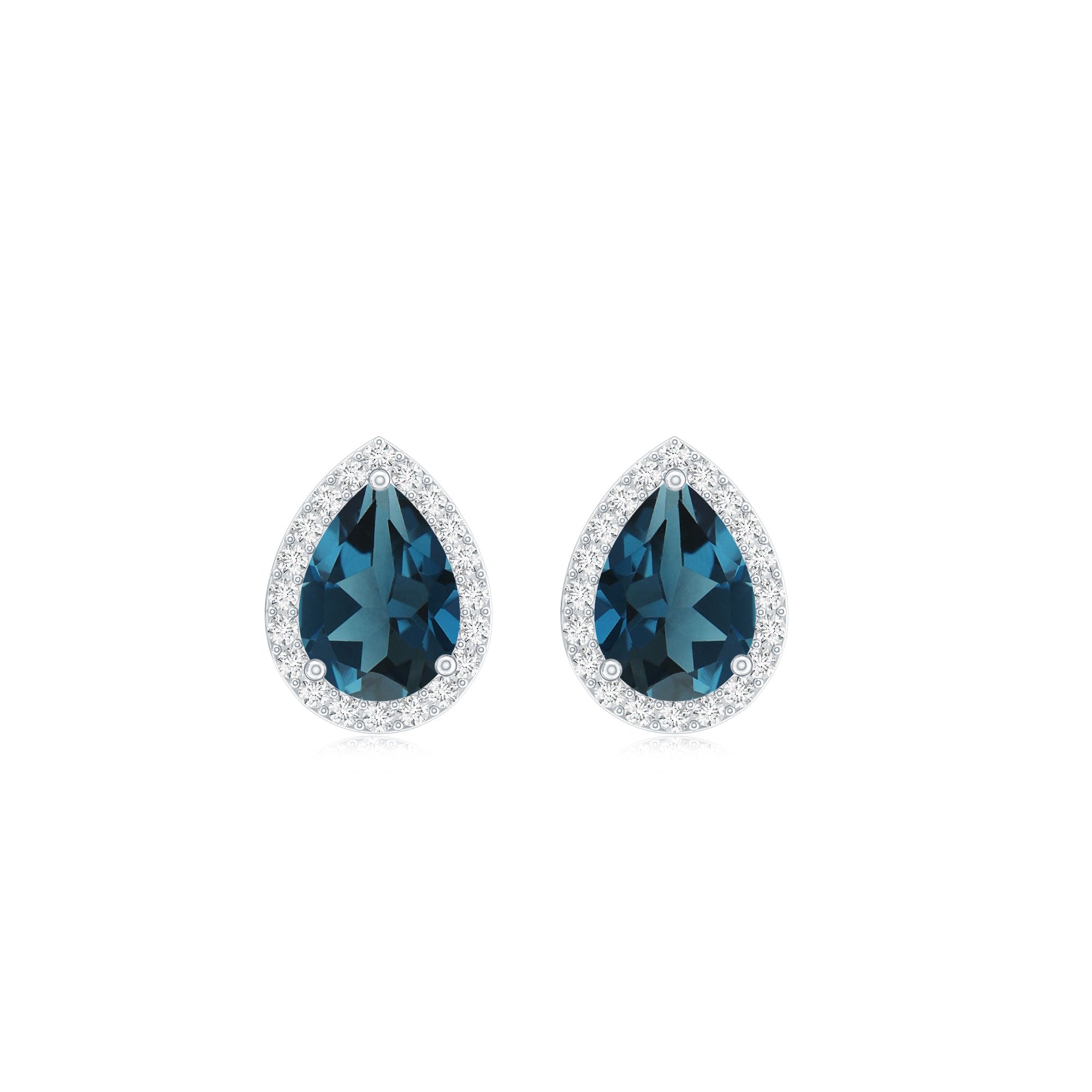Real London Blue Topaz Teardrop Stud Earrings with Diamond Halo AAA - Rosec Jewels