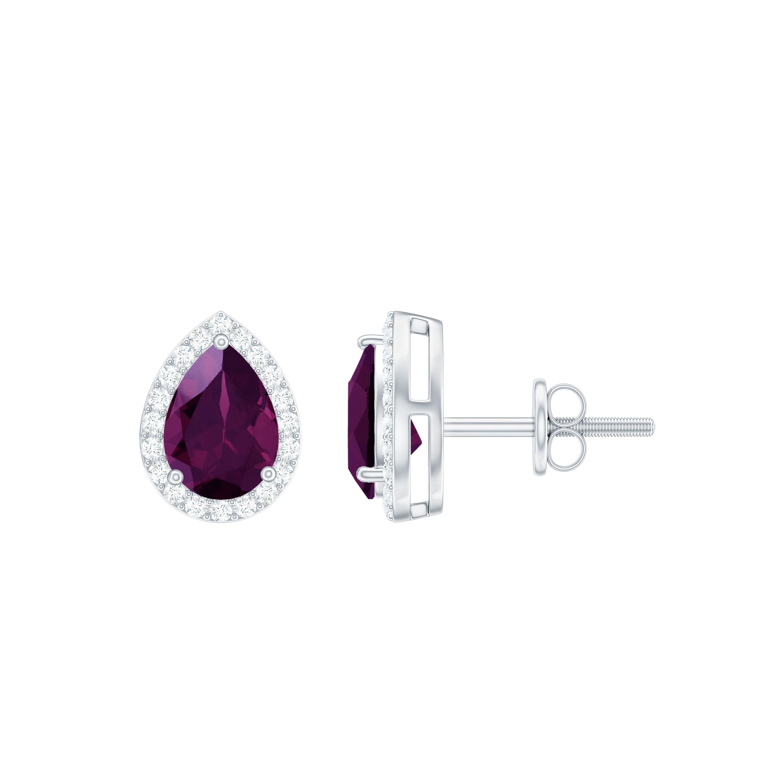 2 CT Classic Pear Cut Rhodolite and Diamond Stud Earrings