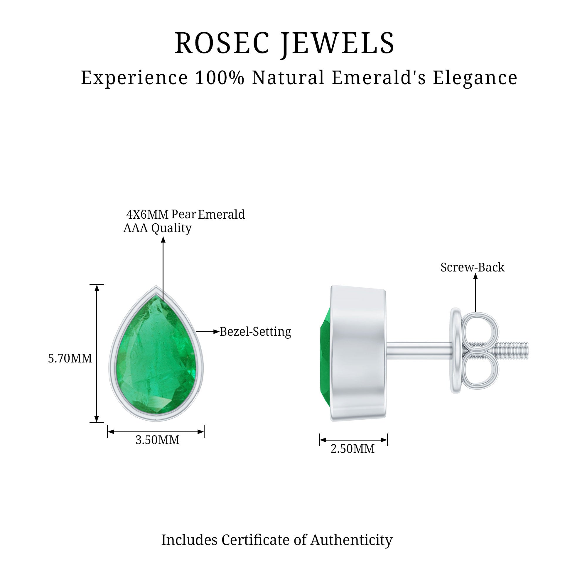 Genuine Emerald Teardrop Stud Earrings in Bezel Setting AAA - Rosec Jewels