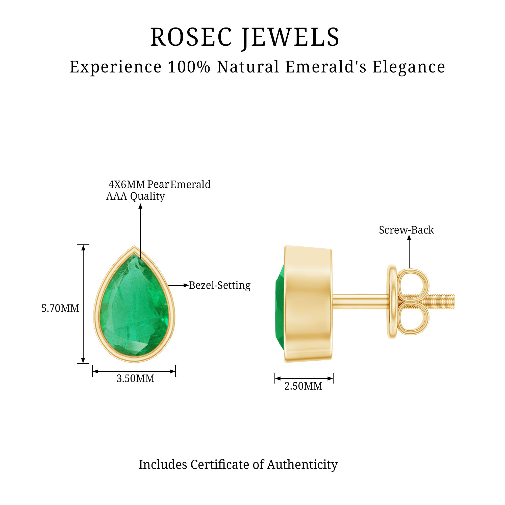 Genuine Emerald Teardrop Stud Earrings in Bezel Setting AAA - Rosec Jewels