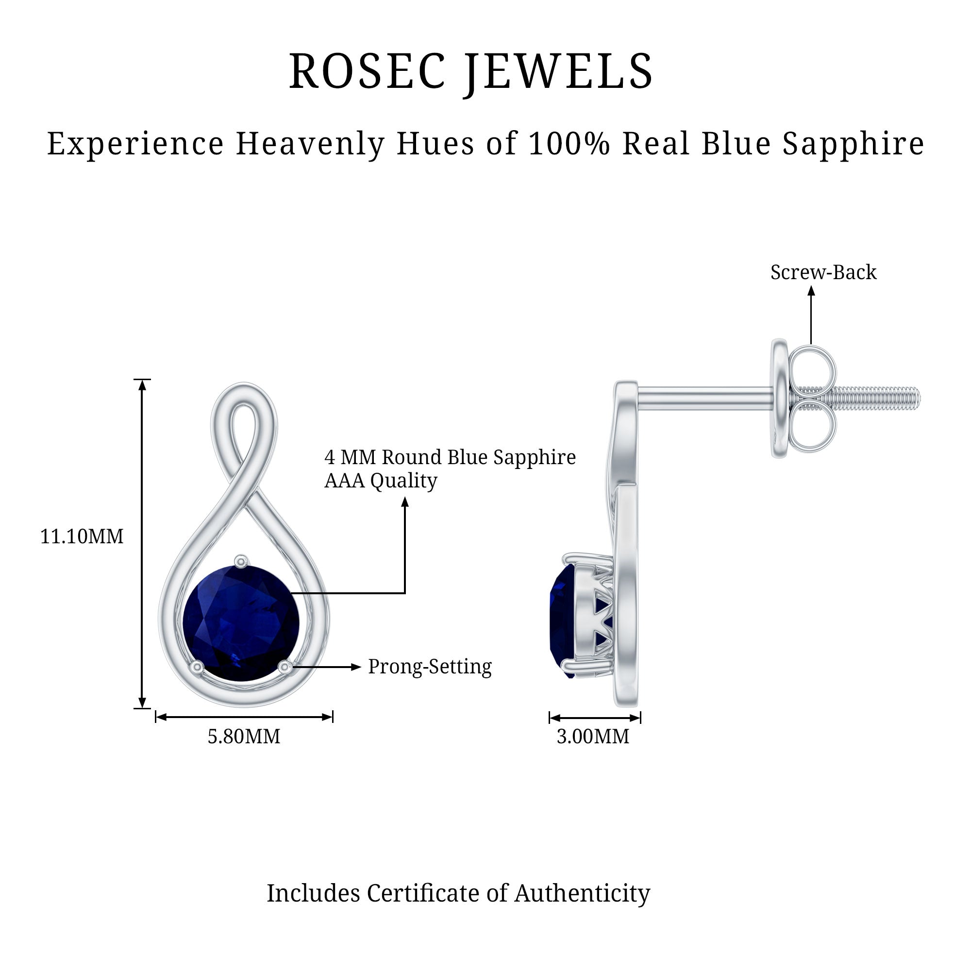 0.8 Carat Round Cut Blue Sapphire Solitaire Infinity Stud Earrings AAA - Rosec Jewels