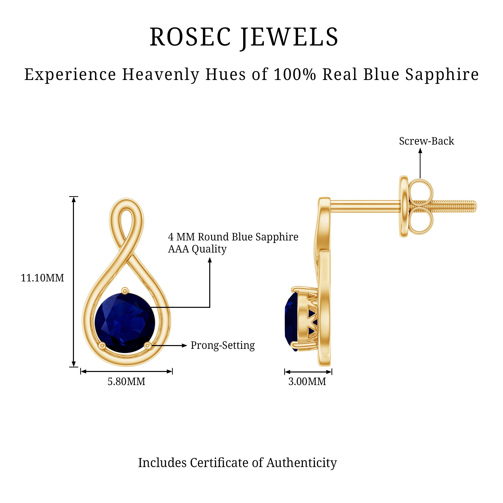 0.8 Carat Round Cut Blue Sapphire Solitaire Infinity Stud Earrings AAA - Rosec Jewels