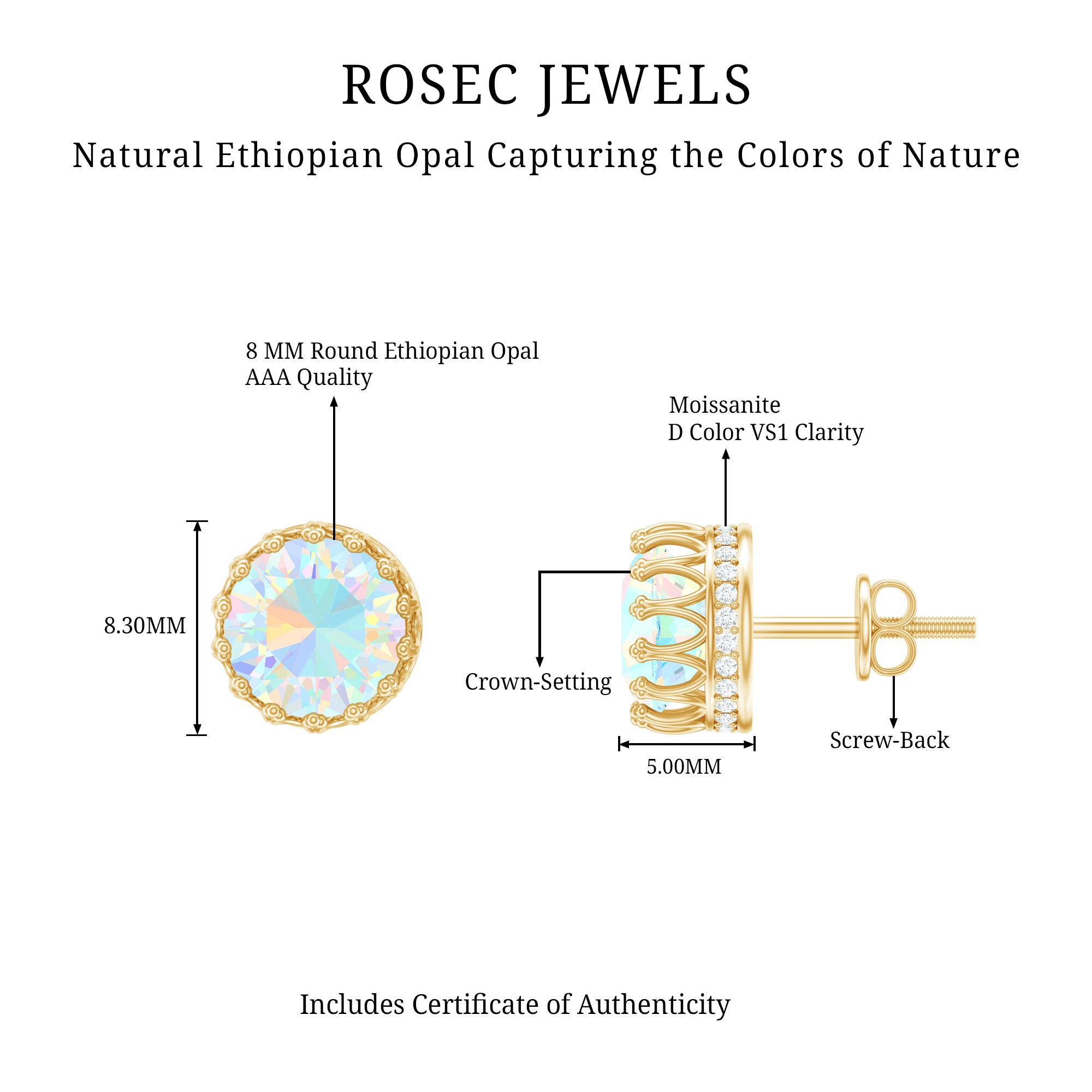 Real Ethiopian Opal Crown Stud Earrings with Certificate AAA - Rosec Jewels