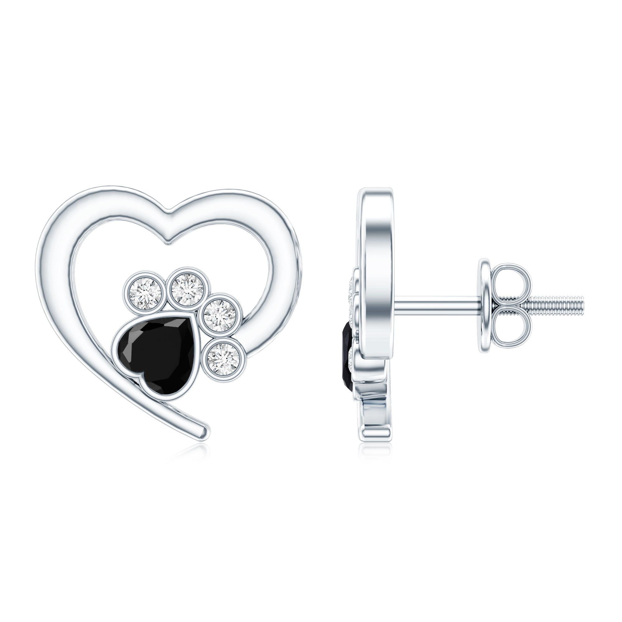 Heart Shape Black Onyx and Diamond Paw Stud Earrings AAA - Rosec Jewels