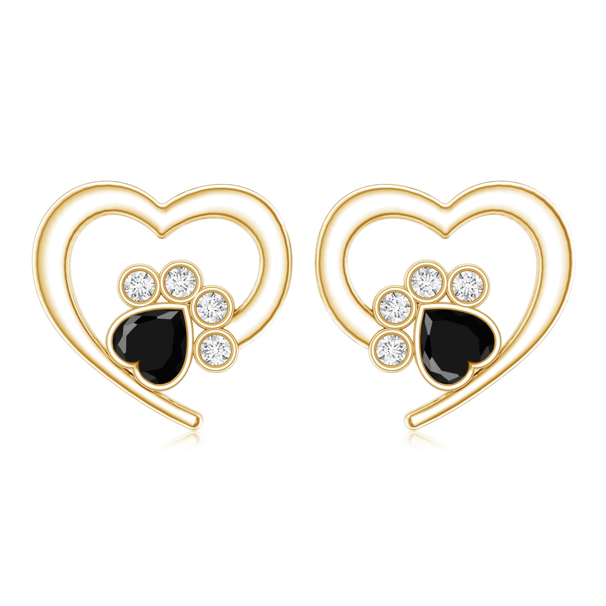 Heart Shape Black Onyx and Diamond Paw Stud Earrings AAA - Rosec Jewels