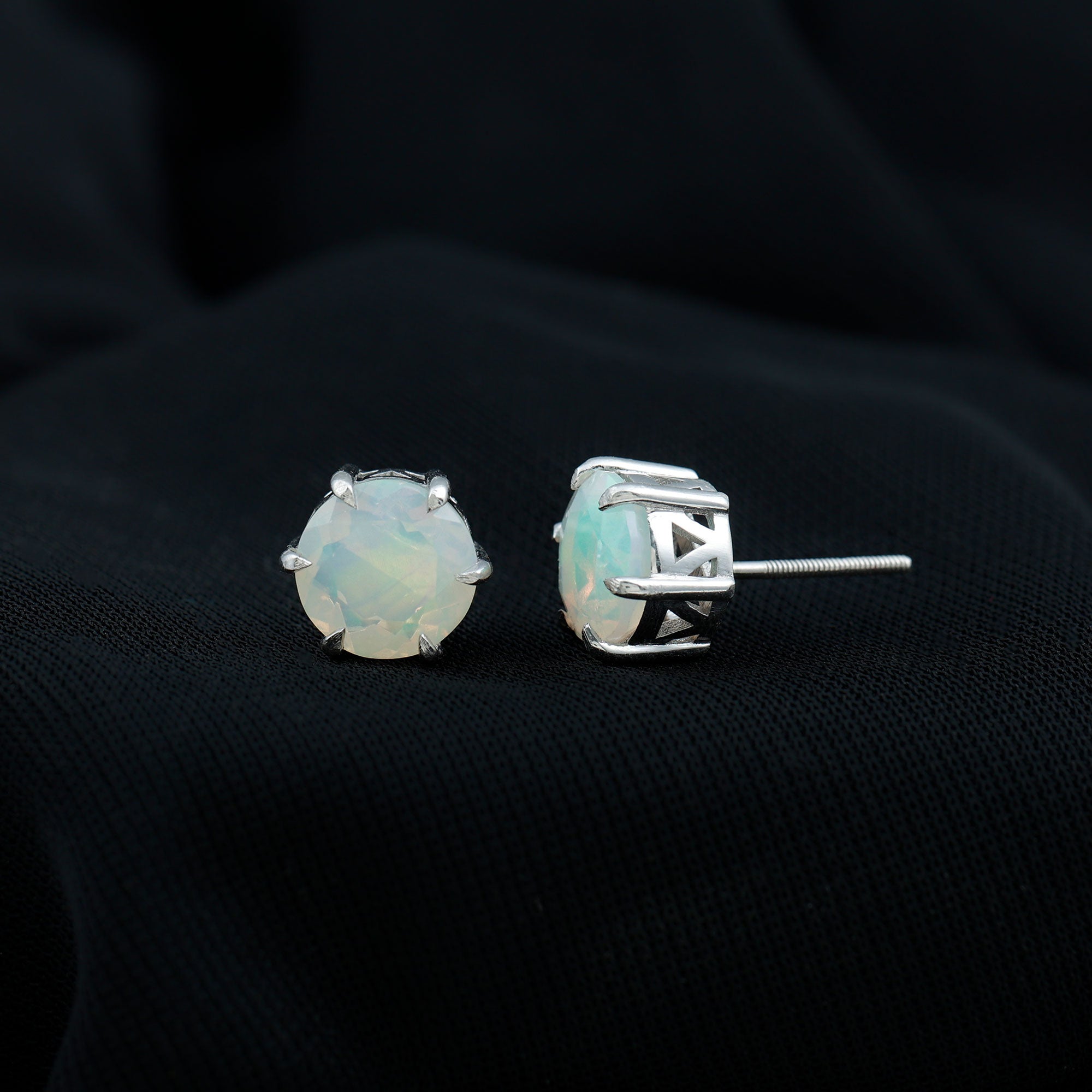 4 Carat Genuine Round Ethiopian Opal Solitaire Stud Earrings AAA - Rosec Jewels