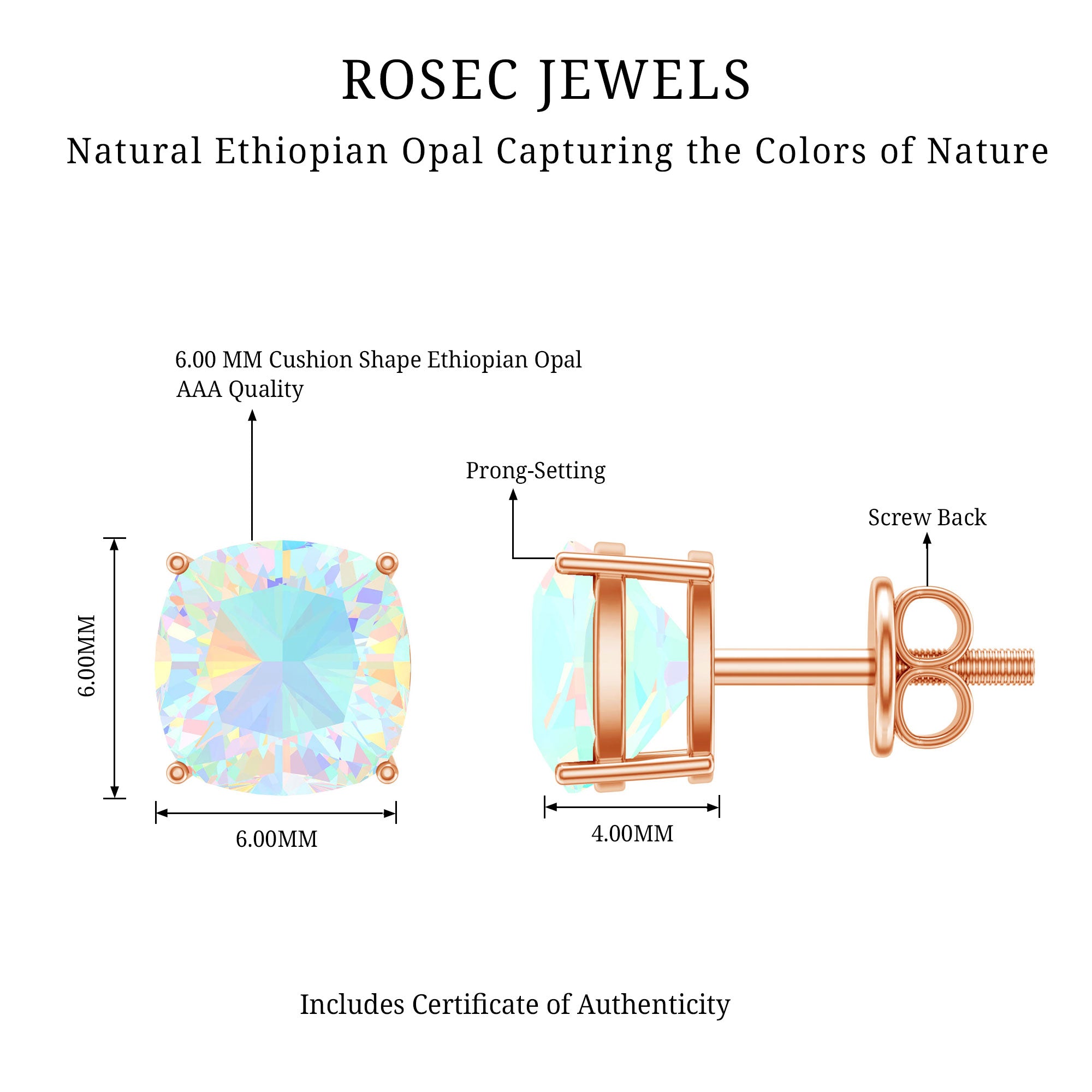 Natural Certified Cushion Cut Ethiopian Opal Stud Earrings For Women AAA - Rosec Jewels
