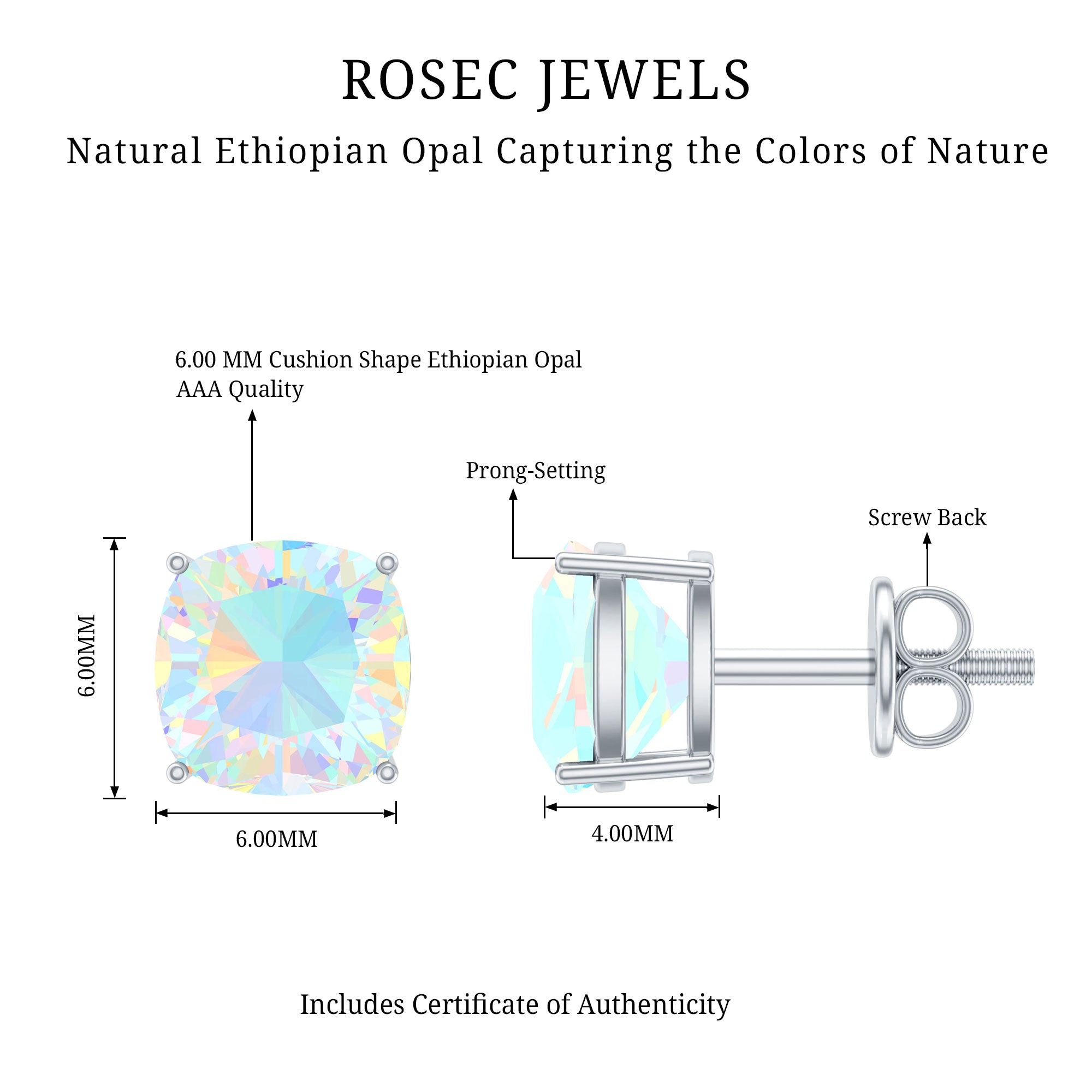 Natural Certified Cushion Cut Ethiopian Opal Stud Earrings For Women AAA - Rosec Jewels