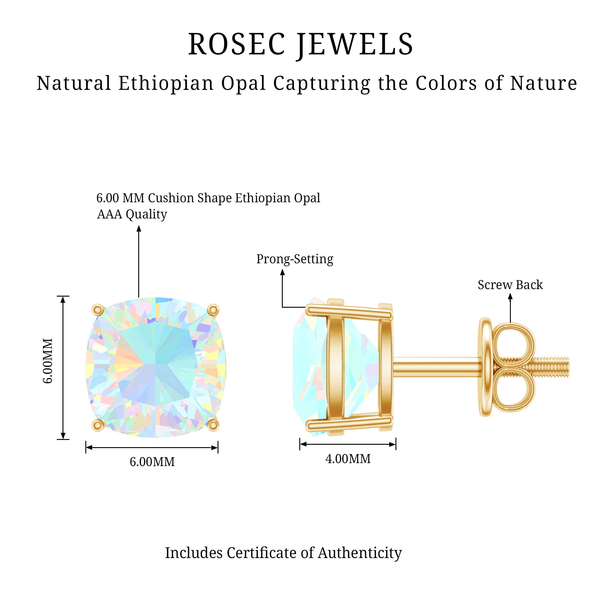 Natural Certified Cushion Cut Ethiopian Opal Stud Earrings For Women AAA - Rosec Jewels