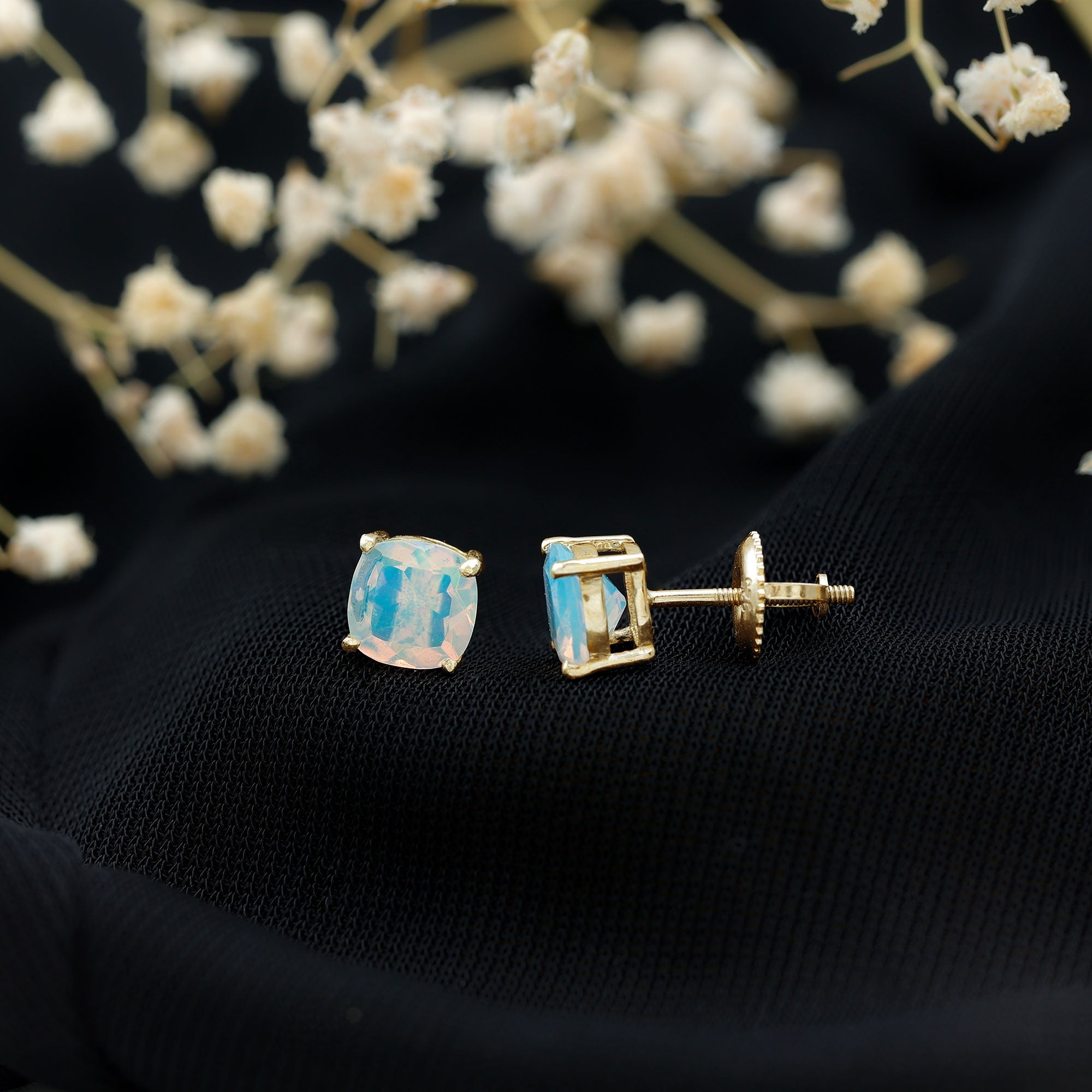 Natural Certified Cushion Cut Ethiopian Opal Stud Earrings For Women AAA - Rosec Jewels