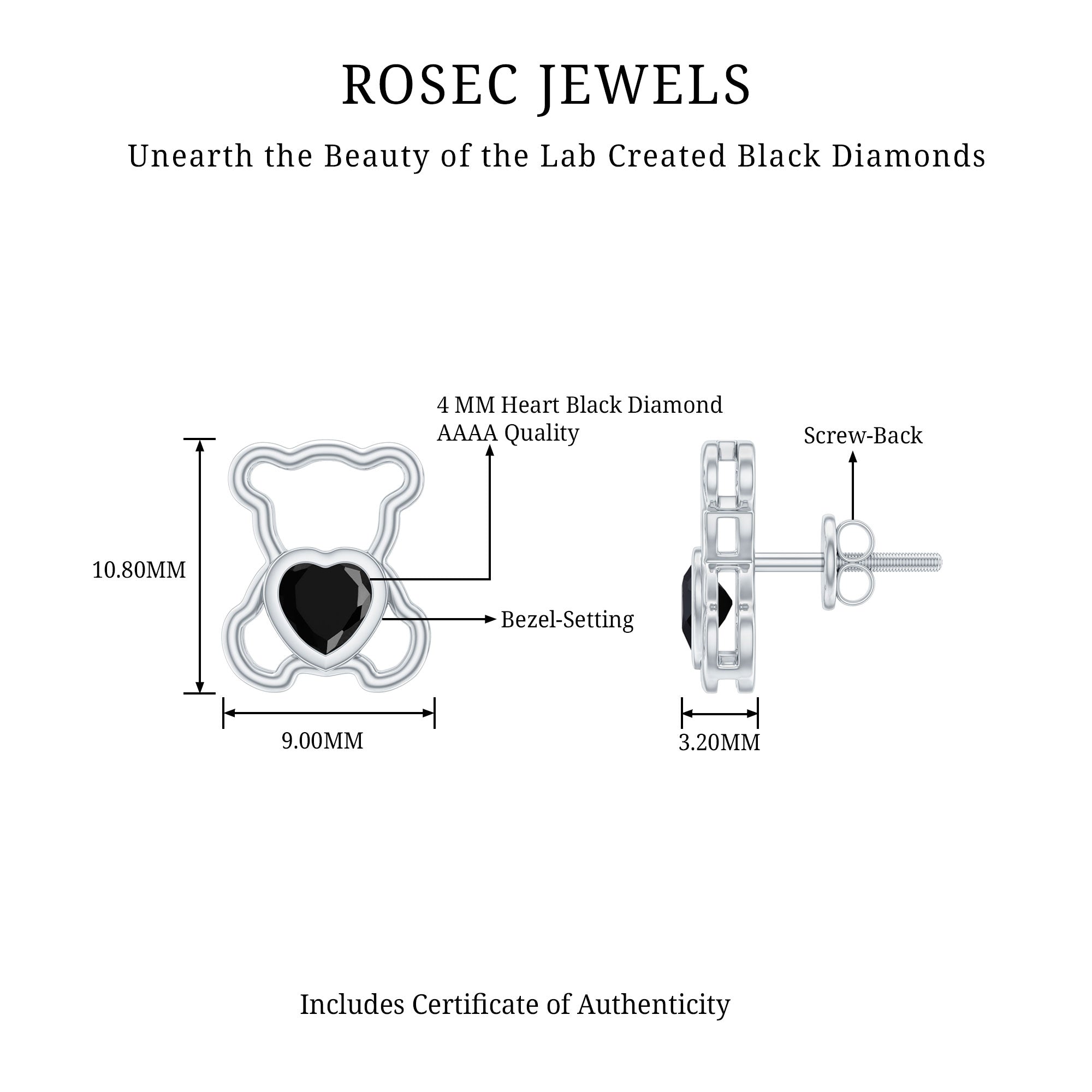 Heart Shape Lab Created Black Diamond Teddy Bear Stud Earrings AAAA ( Synthetic ) - Rosec Jewels