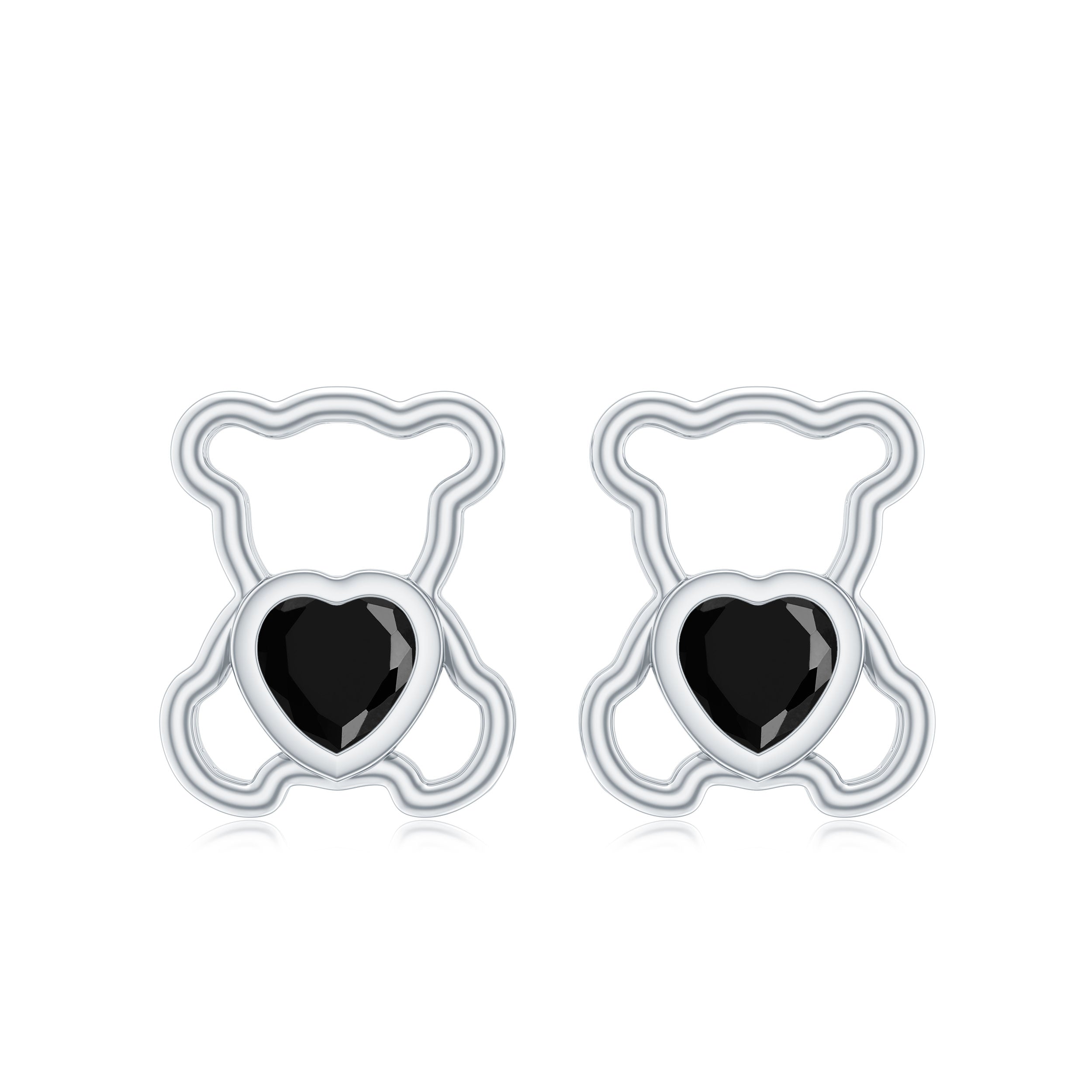Heart Shape Lab Created Black Diamond Teddy Bear Stud Earrings AAAA ( Synthetic ) - Rosec Jewels