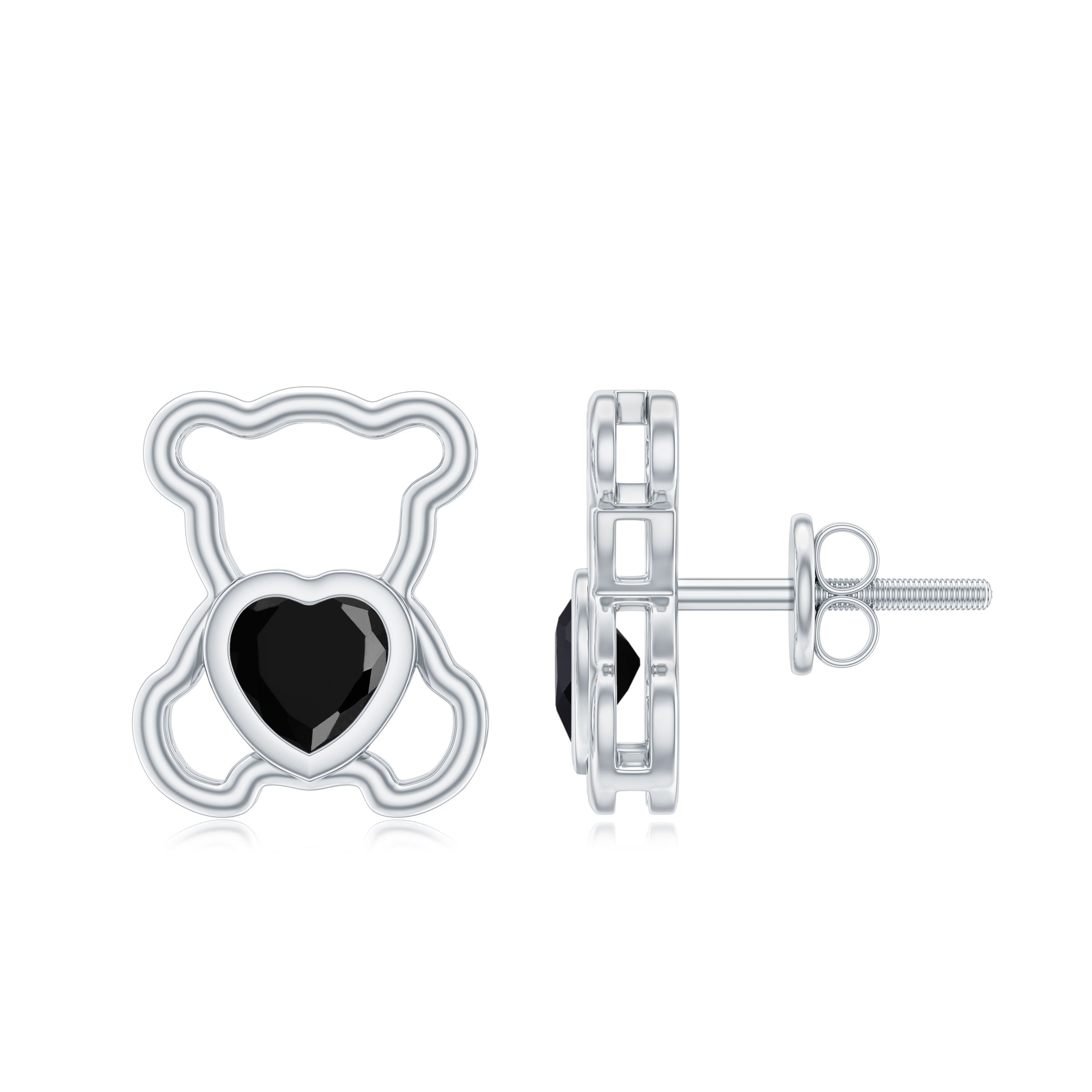 Heart Shape Lab Created Black Diamond Teddy Bear Stud Earrings AAAA ( Synthetic ) - Rosec Jewels