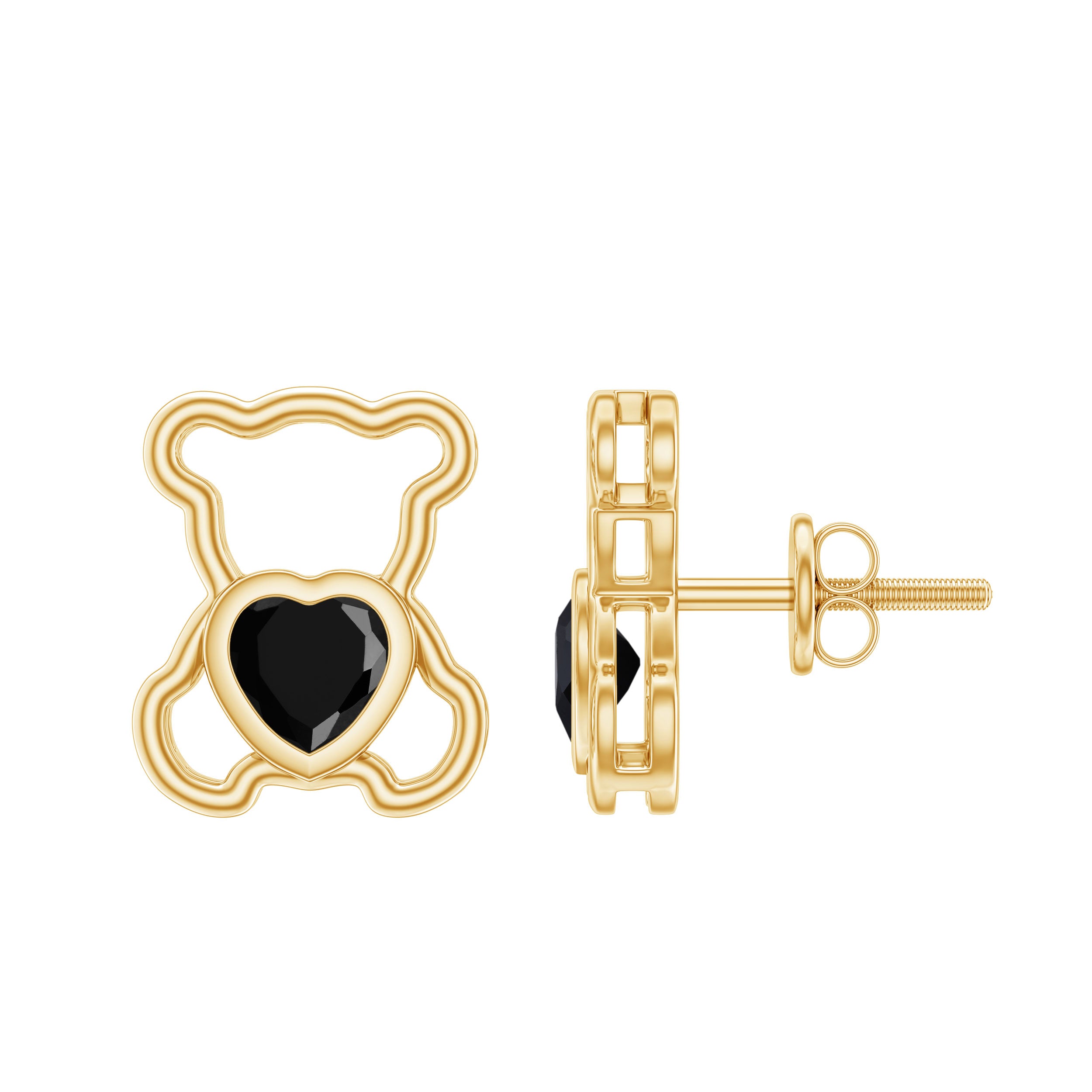 Heart Shape Lab Created Black Diamond Teddy Bear Stud Earrings AAAA ( Synthetic ) - Rosec Jewels
