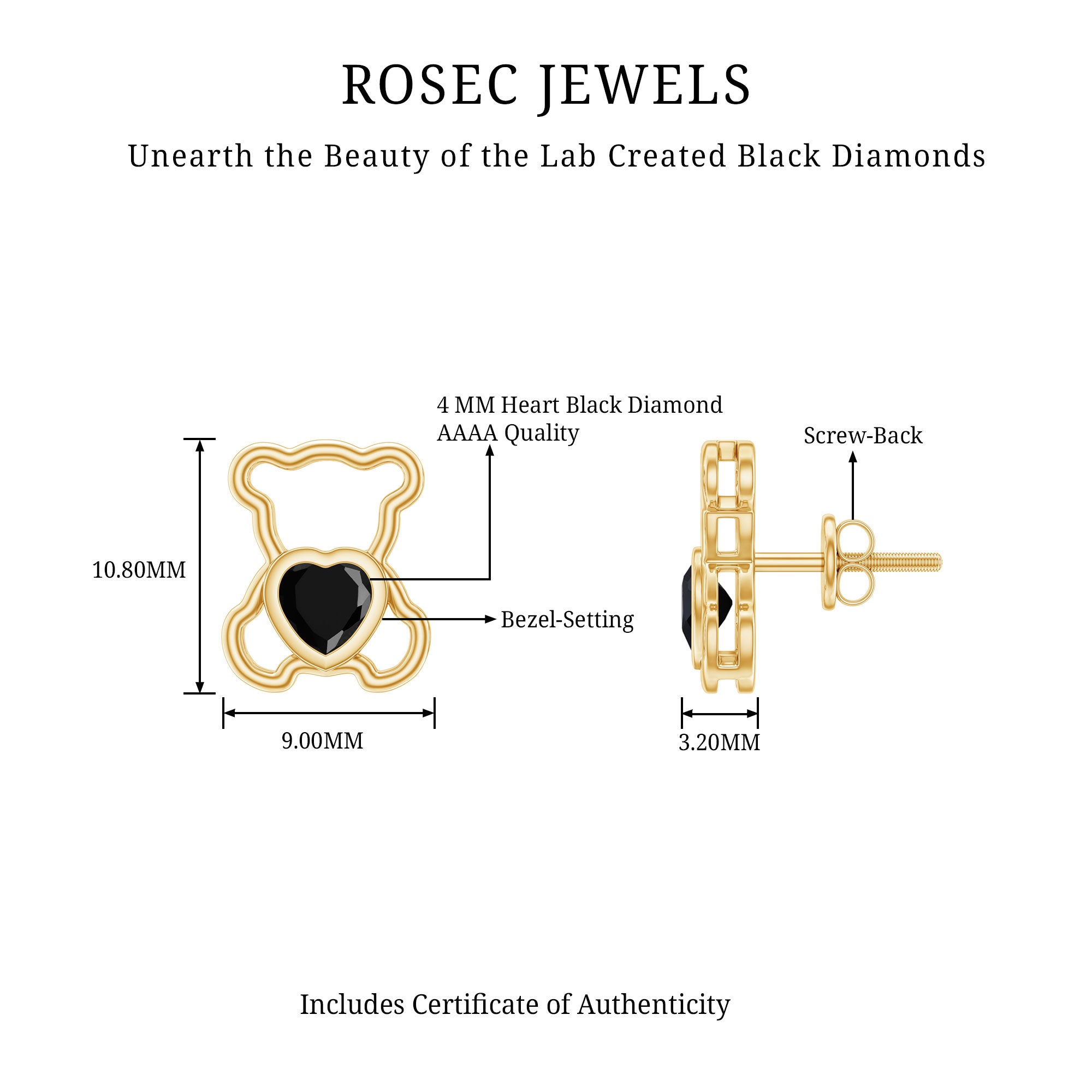 Heart Shape Lab Created Black Diamond Teddy Bear Stud Earrings AAAA ( Synthetic ) - Rosec Jewels