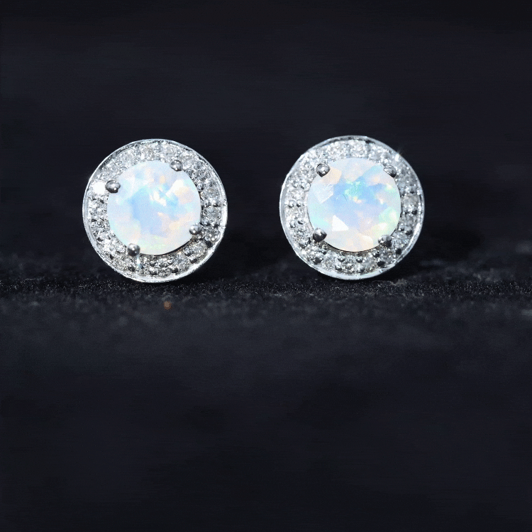 1.6 Carat Round Ethiopian Opal and Diamond Halo Stud Earrings AAA - Rosec Jewels