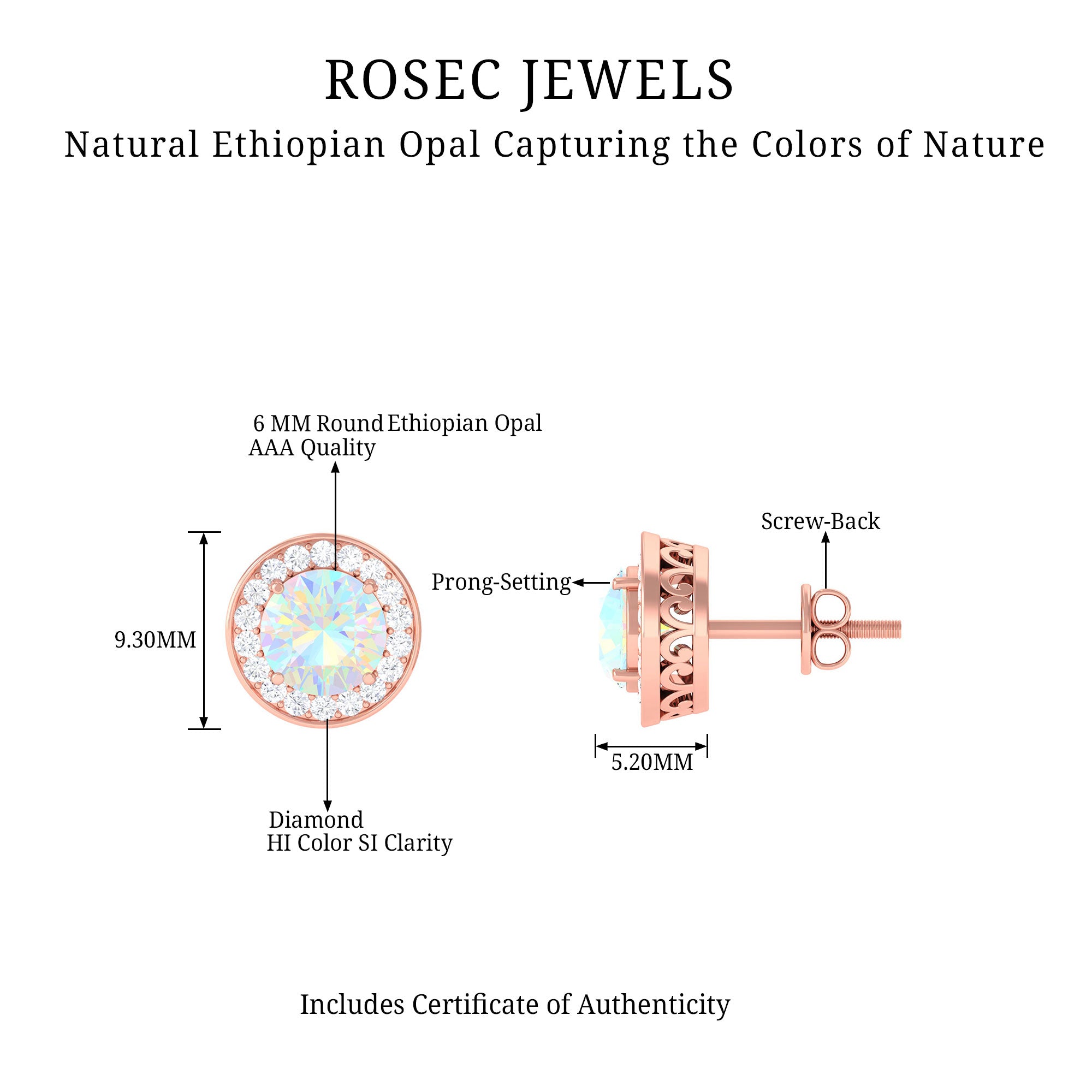 1.6 Carat Round Ethiopian Opal and Diamond Halo Stud Earrings AAA - Rosec Jewels