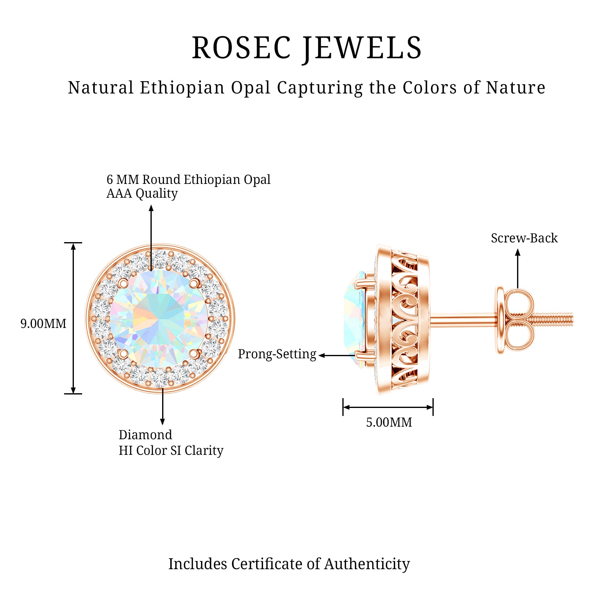 1.6 Carat Round Ethiopian Opal and Diamond Halo Stud Earrings AAA - Rosec Jewels